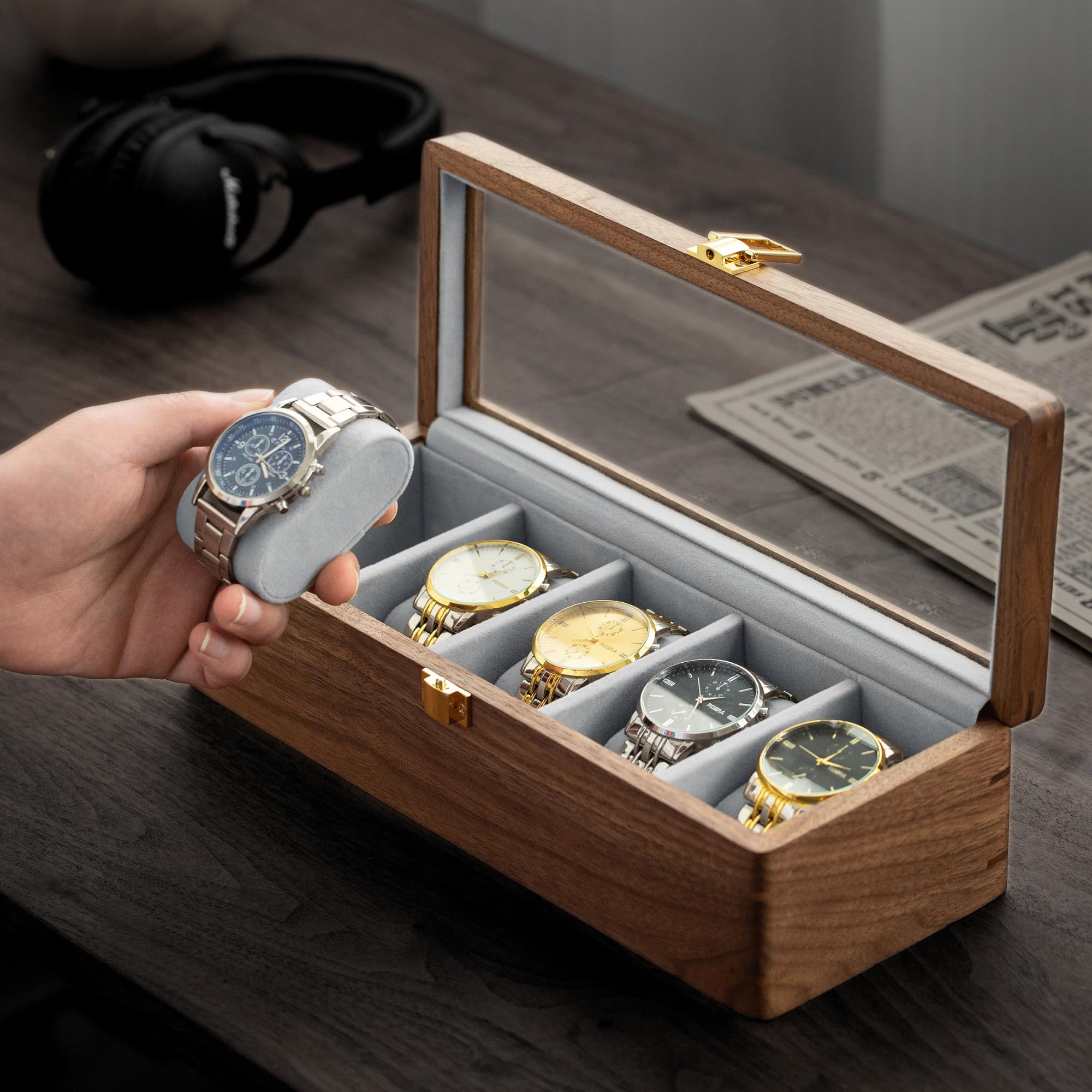 muso wood Boîte à montres en noyer 5 emplacements avec couvercle en verre pour homme | Présentoir de rangement de montres de qualité supérieure, cadeau parfait pour les hommes