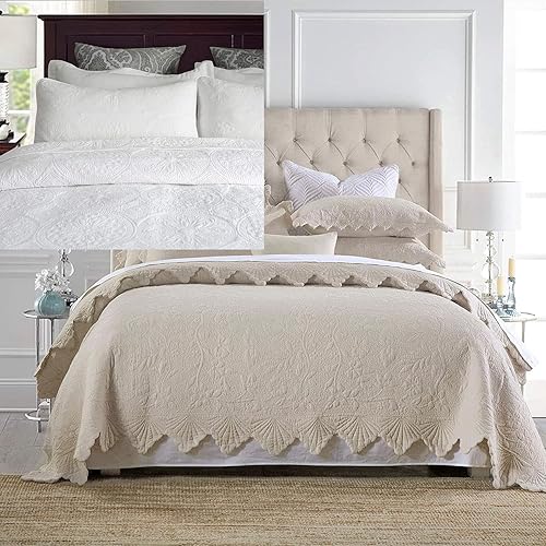 Brandream Juego de edredón de 6 piezas, color blanco y beige, tamaño King, de algodón, de lujo, festoneado, tamaño Queen, juego de fundas de edredón