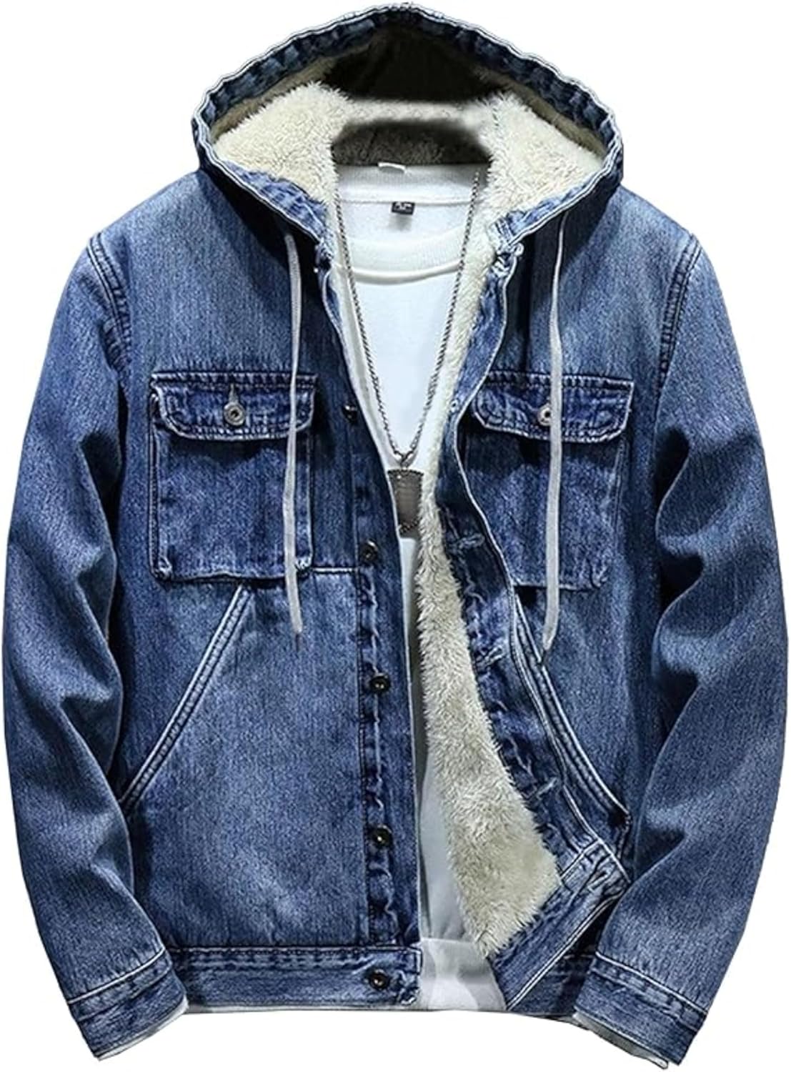 Men's Fleece Hoodie Jean Jacket Sherpa Lined Denim Hood Jackets Casual Slim Fit Trucker Cowboy Coat