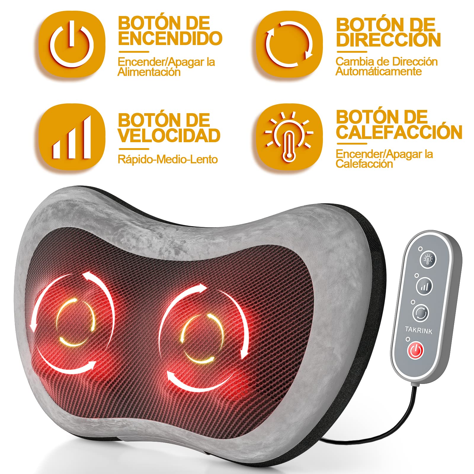 TAKRINK Cojín Masaje Shiatsu con 8 Nudos y 3 Niveles de Velocidad Masajeador de Cuello Espalda y Hombros con Función de Calor y Control Remoto