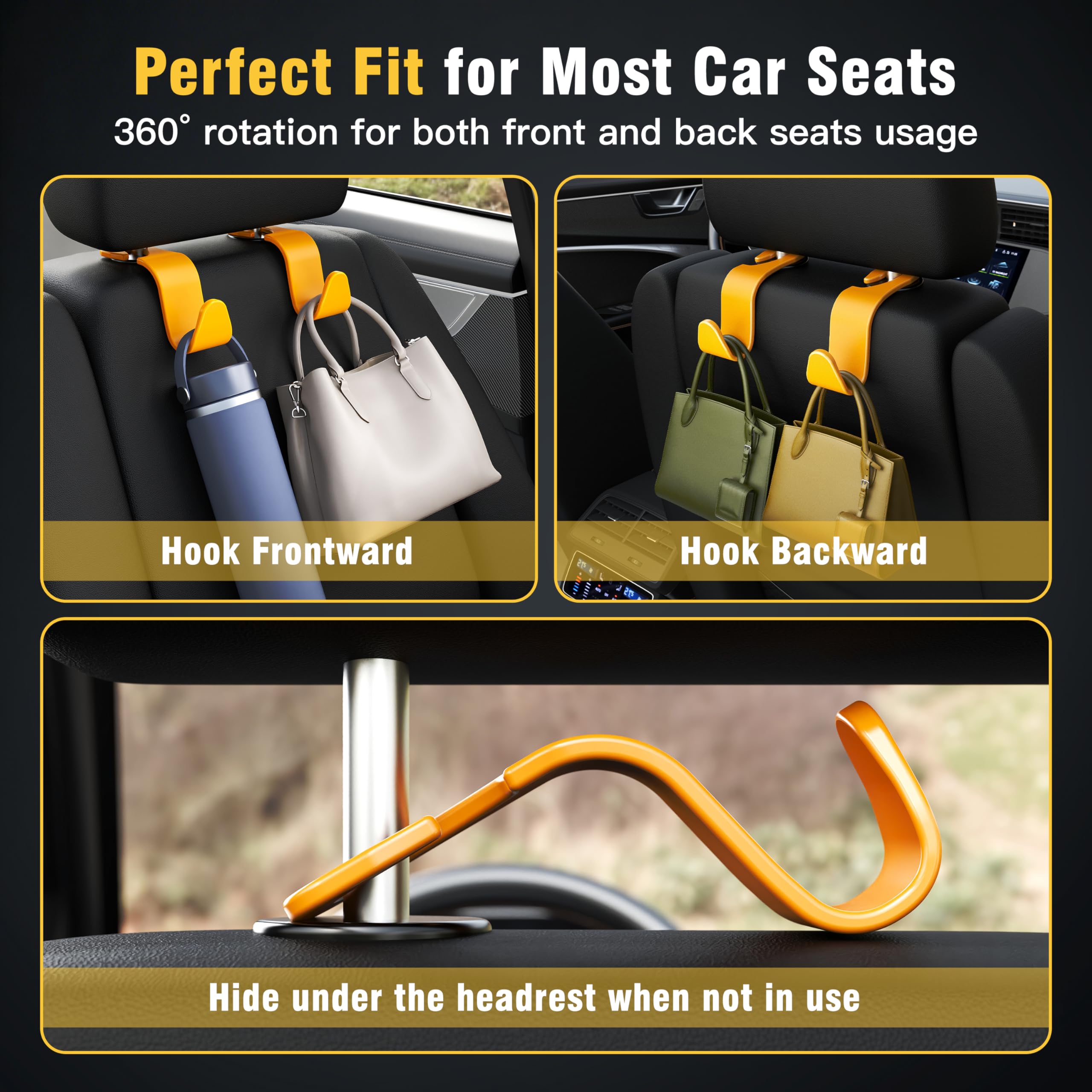4-Pack Car Headrest Hooks Holds 55lbs Seat Storage Organizer for Bags view 3