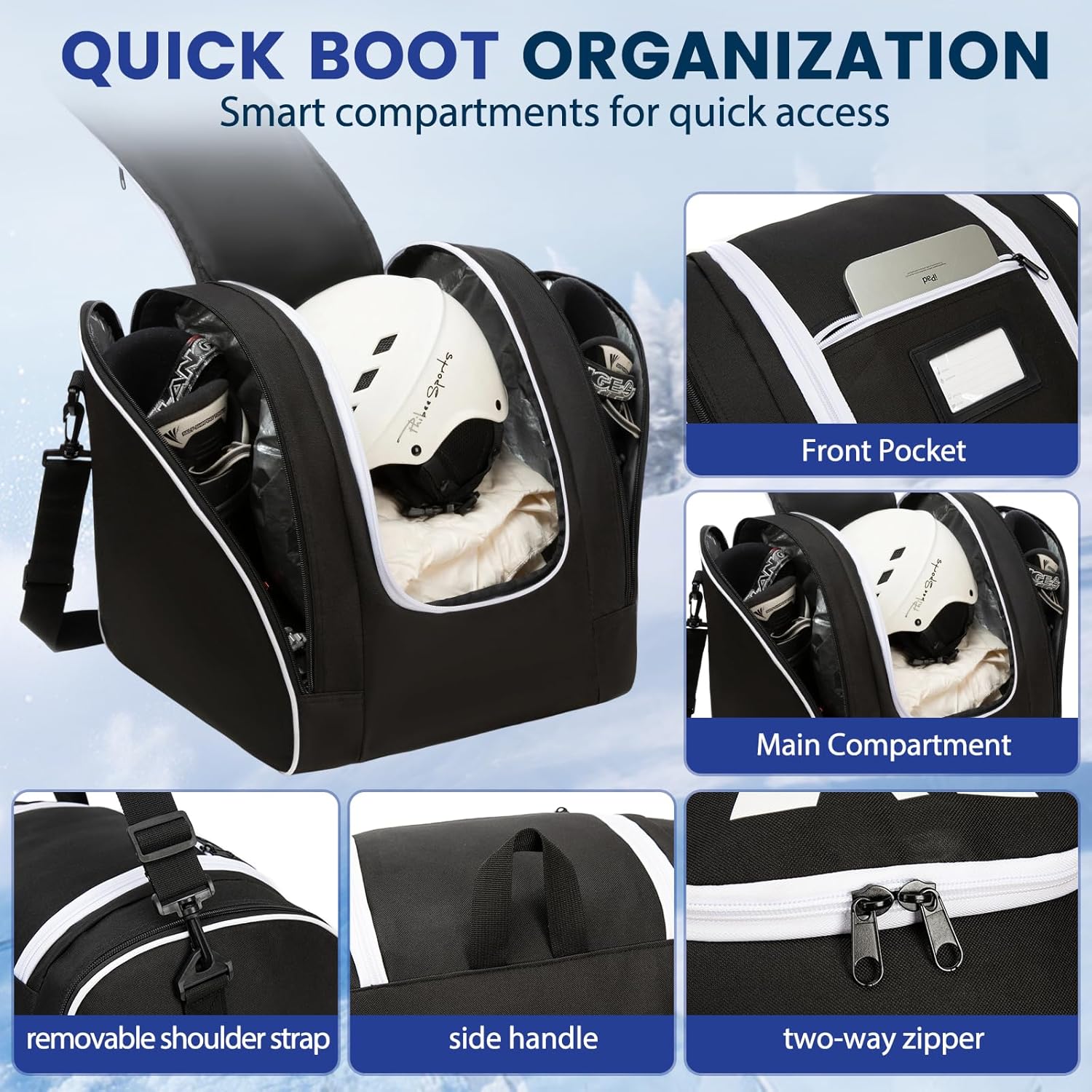 Ski Bag and Boot Bag Combo, Water-Resistant Ski Boot Travel Bag Fit Skis Up to 200 cm & Boots Size 13 With 5mm Foam Ski Gear Bag.