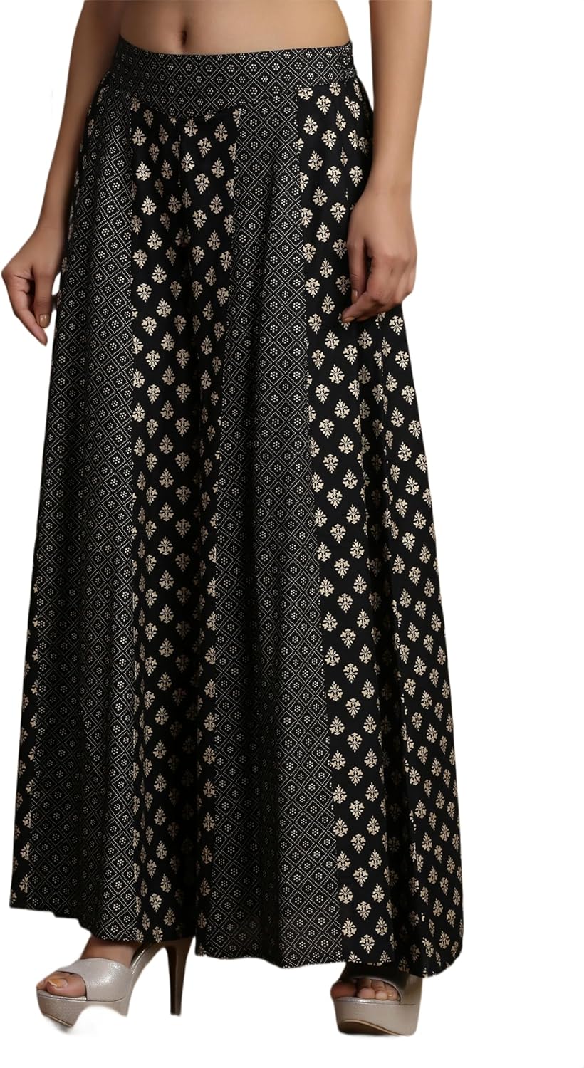 Women's Palazzo Pants, Black, Ankle-Length, Flared, Kalidar, Rayon, Ethnic Motif Printed, One Pocket