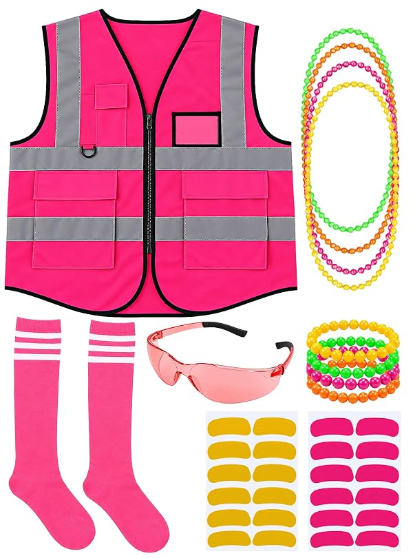 Pink Construction Worker Costume for Women, Neon Reflective Vest Halloween Costume Set with Pink Striped Socks, Pink Glasses, Beaded Necklaces, Bracelets & Face Stickers by Phymorse - Used condition - US$18.39