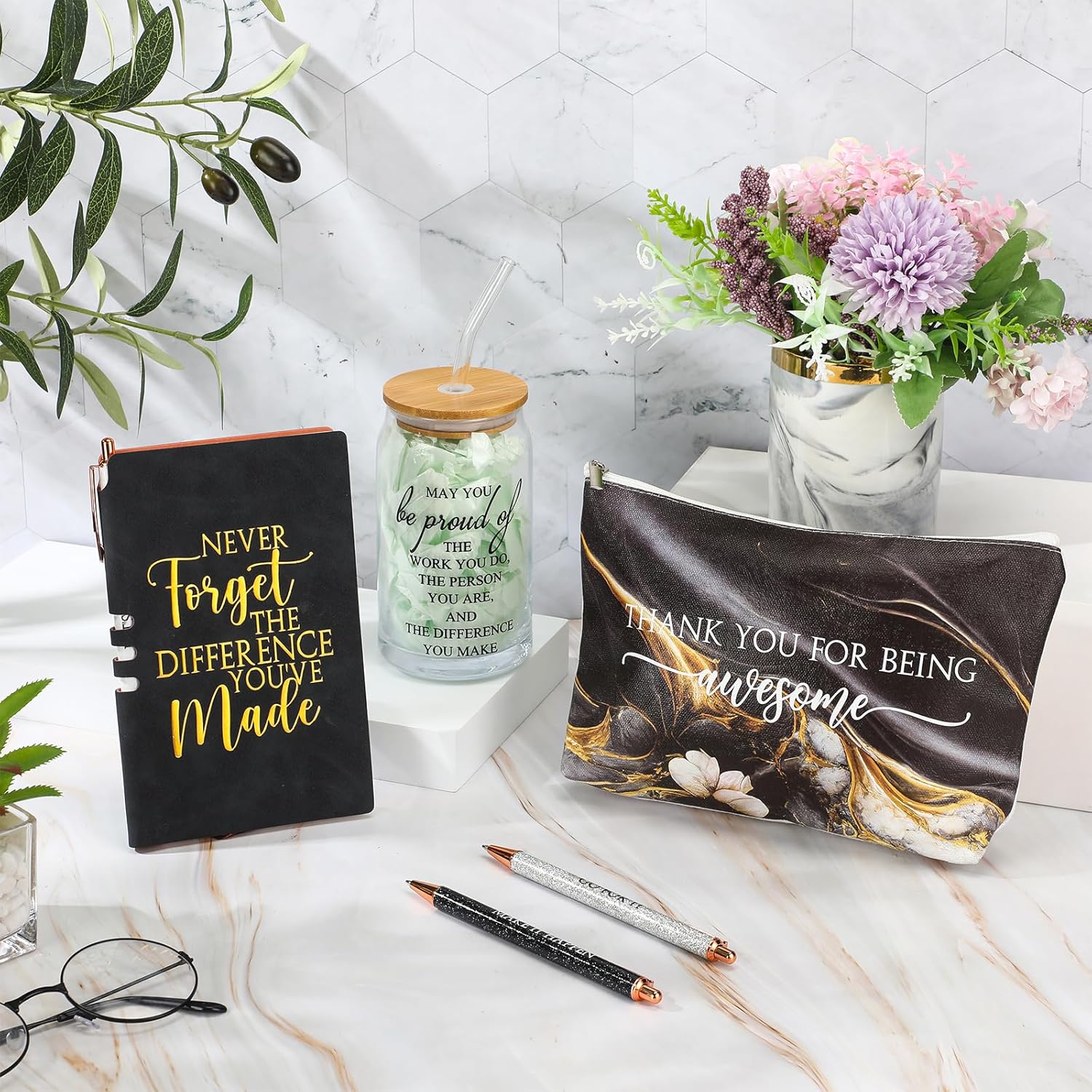 6 Pcs Valentines Employee Appreciation Gifts Set for Women Coworkers Thank You Gifts, Difference Maker 17 oz Glass Cup Inspirational Makeup Bag Journal for Teacher Nurse(Marble,Black) - Image 5
