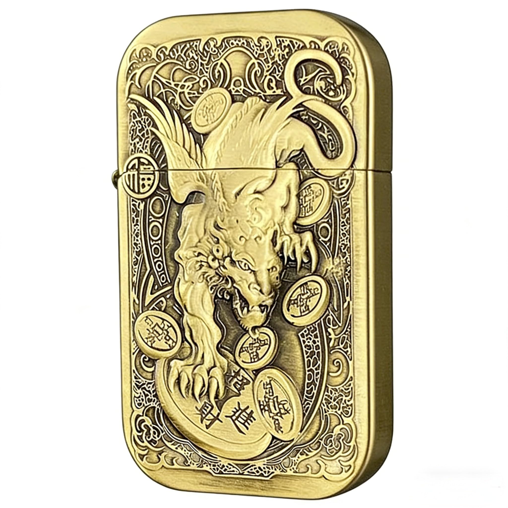 Vintage Dragon/Wolf/Unicorn Carved Kerosene Lighters Animal Themed Windproof Reusable Kerosene Lighter for Men (Pixiu)