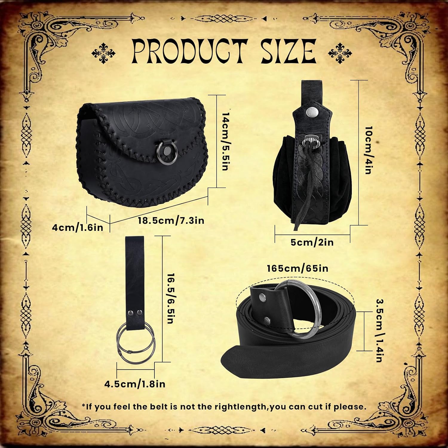 Viking Embossed Renaissance Belt Pouch, Vintage Medieval Faux Leather Pirate Belt Pack,Retro Portable Belt Bag For LARP Ren Faire. (Black B)