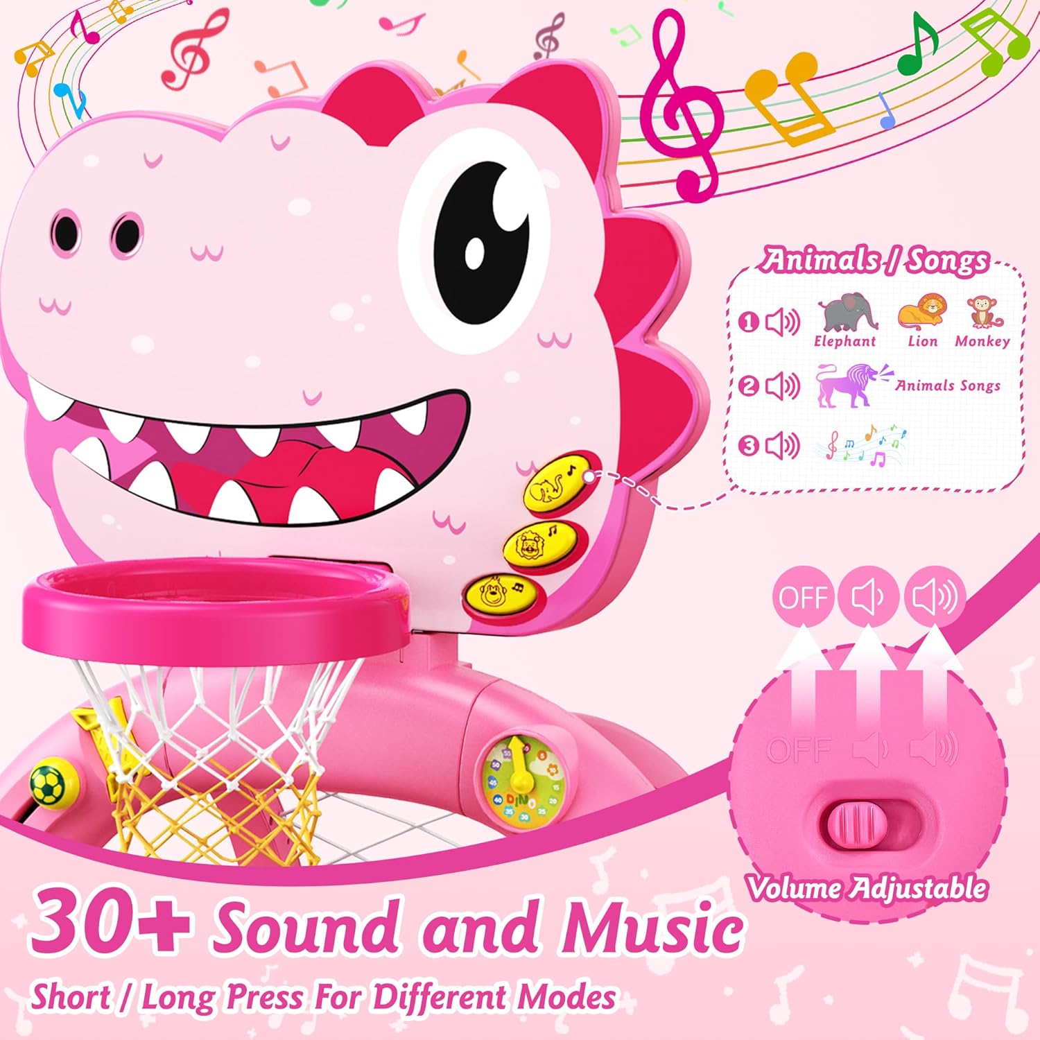 Dinosaur Toddler Basketball Hoop & Soccer Goal Montessori Toys with Sound and Music for Baby 12-18 Months,Twinkoo Christmas Birthday Gift Toys for 1 Year Old Boy and Girl(Pink)