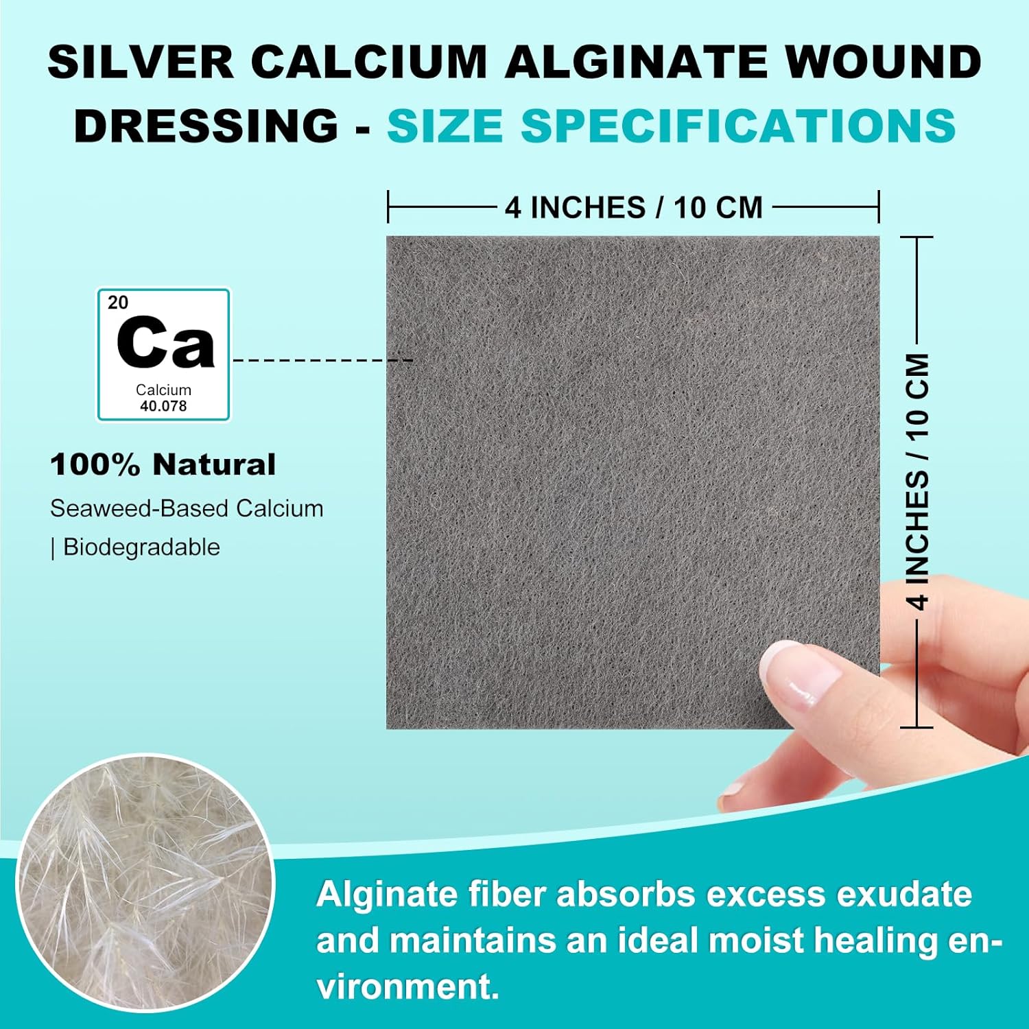 Ag Silver Calcium Alginate Wound Dressing 4" x 4", Non Stick Pads for Wounds, Soft Silver Dressing for Wound Care, Highly Absorbent Dressing Gauze Pads, 15 Packs