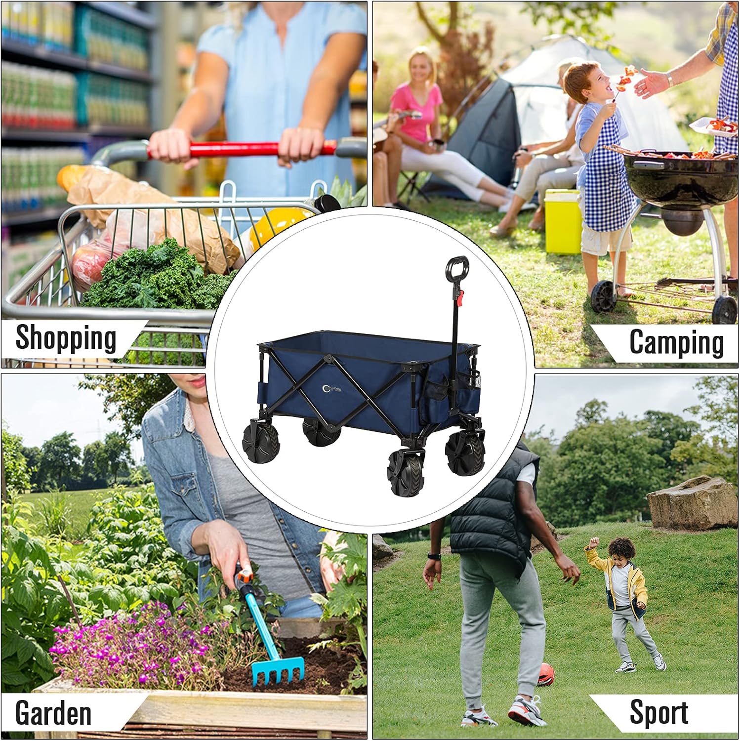 Portal Collapsible Folding Utility Wagon Camping Cart for Garden Park Picnic with 8" Big Wheel, Blue : Patio, Lawn & Garden