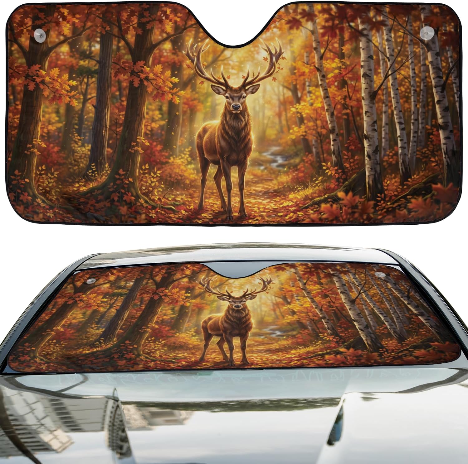 ThangPham Shop Forest Deer Car Sunshade, Woodland Deer Windshield Sun Shade, Nature Wildlife Auto Sun Protector