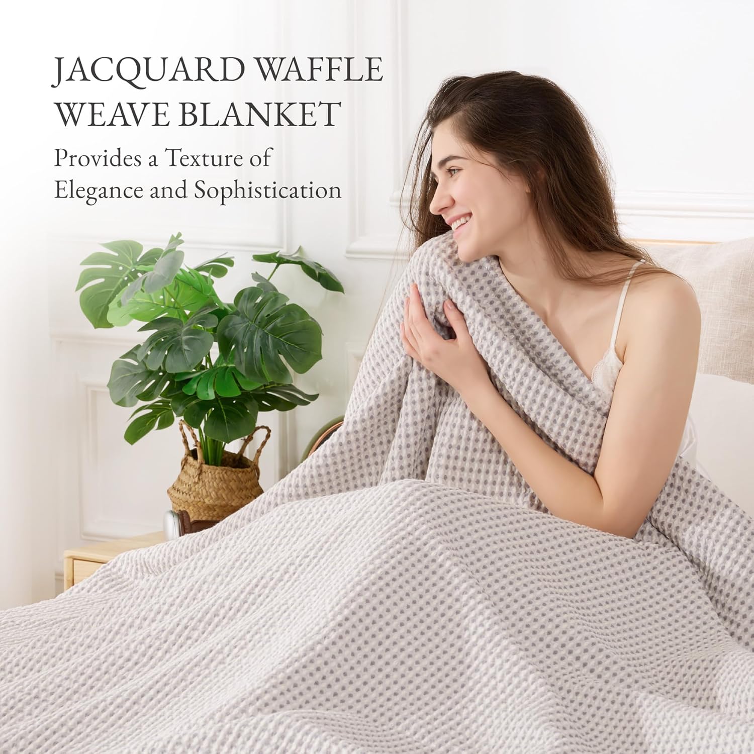 100% Cotton Waffle Woven Queen Blanket for Bed, Soft Lightweight Jacquard Dual-Tone Textured Blanket, Fading Resistant 90" x 90" Gray - Image 2