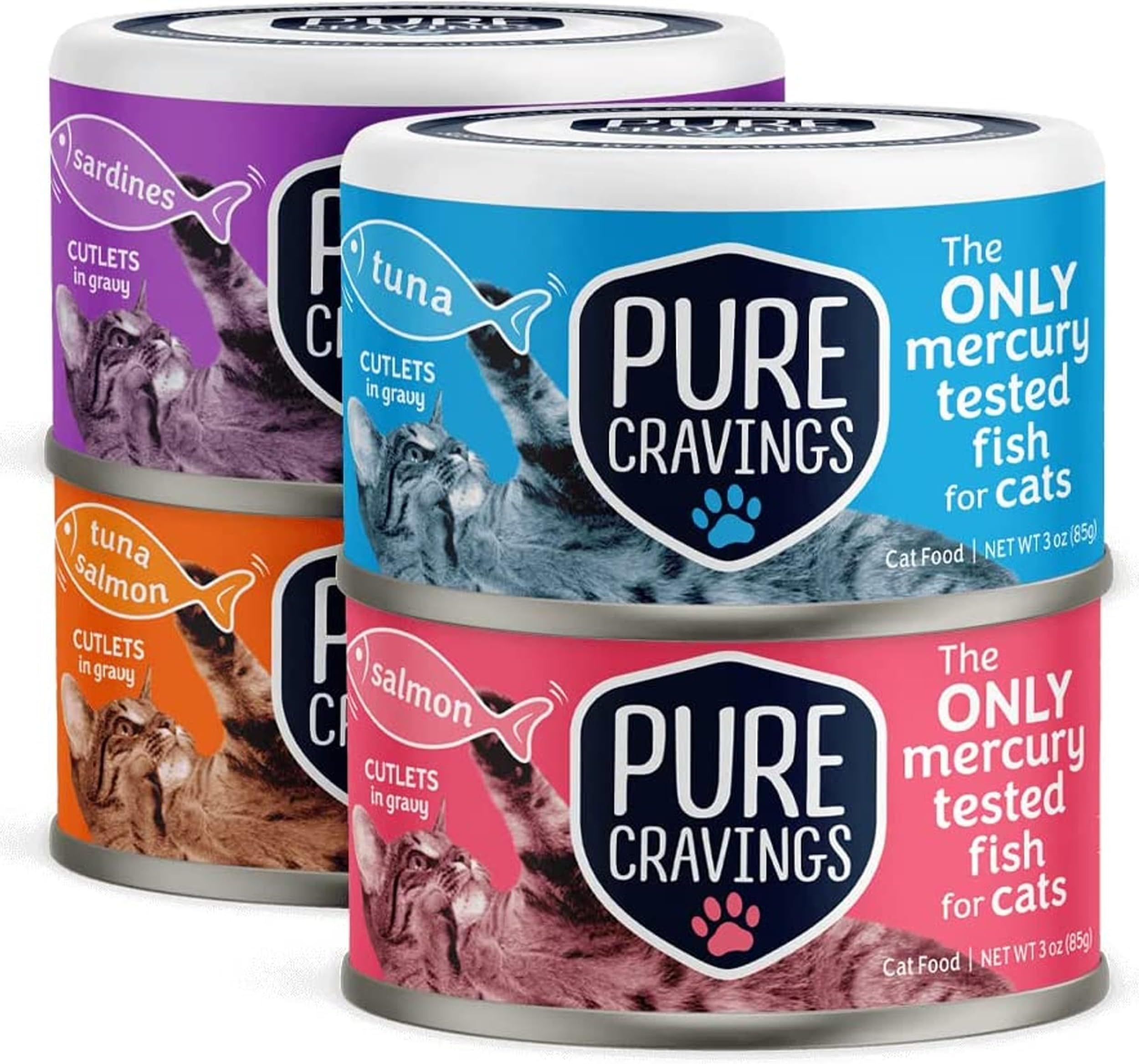 Wet Cat Food Variety Pack Tuna, Salmon, Sardines, Tuna/Salmon in Gravy, 100% Mercury-Tested, Moist Can Fish for Cats, Grain-Free, Protein, Non-GMO, Pack of 12