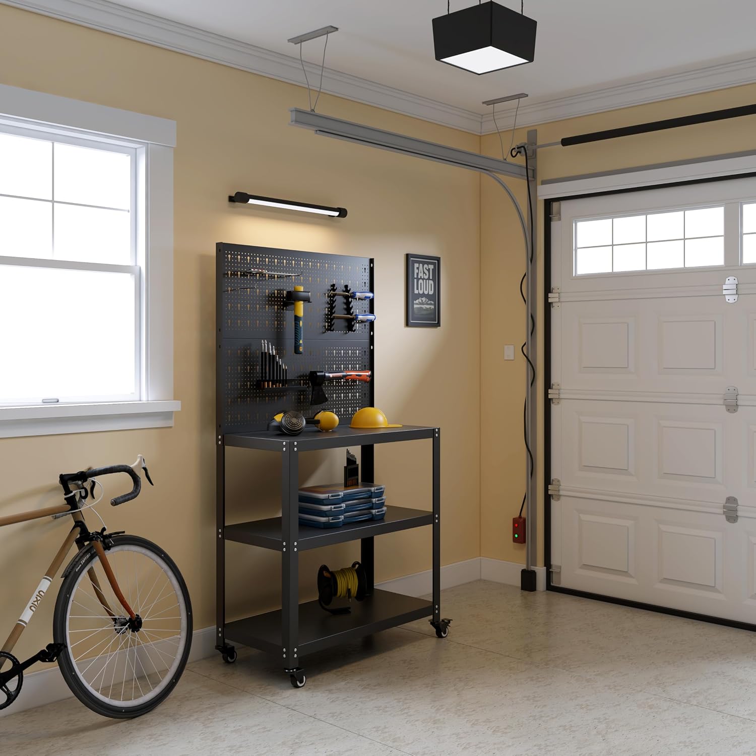 Metal Workbench with Wheels, 3-Tier Rolling Tool Work Bench, Tabletop with Pegboard & 22 Hooks, for Garage Workshop Office Home