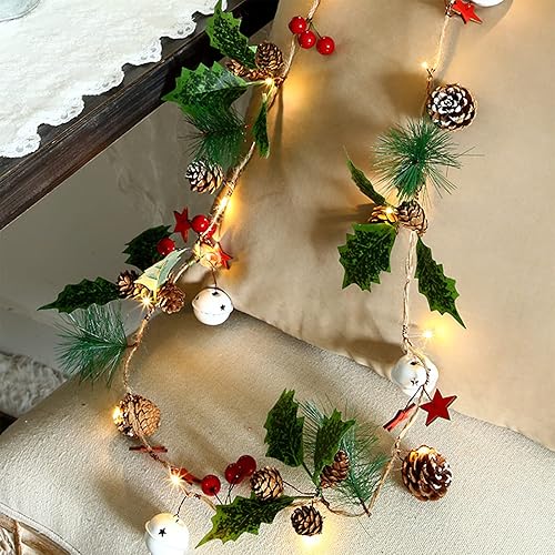 Miniatura 2 de Chims Guirnalda de luces de Navidad, 20 luces LED de 6.5 pies de piña, bayas rojas, cascabel, agujas de pino, funciona con pilas, para vacaciones,