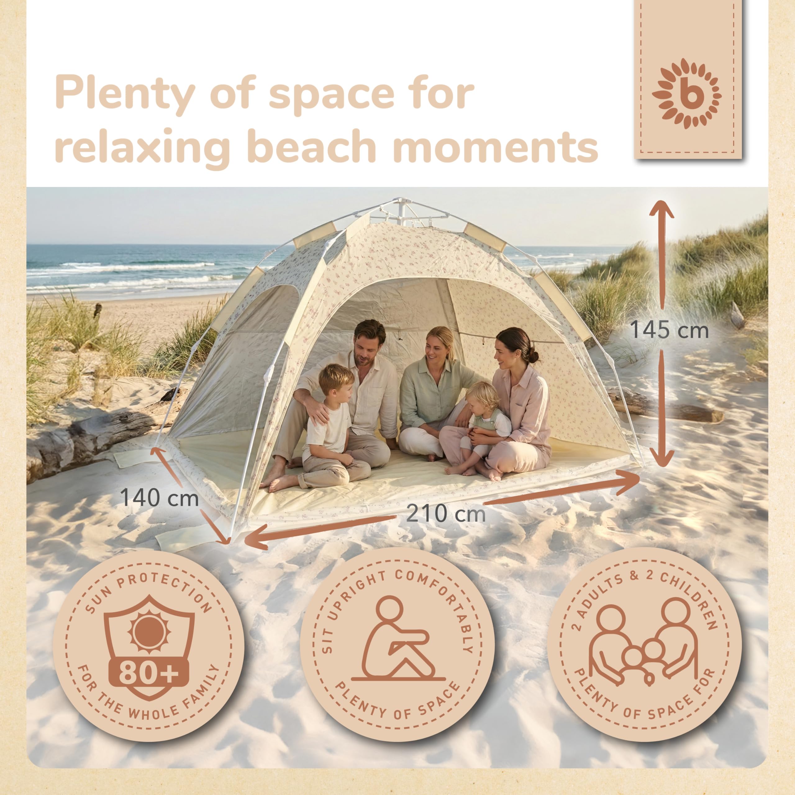 Bieco Namiot plażowy pop-up XXL - Namiot plażowy Quick-Up - Szybki montaż z ochroną UV 80+ - Ochrona przeciwsłoneczna dla niemowląt, dzieci i rodzin - Namiot automatyczny na 3-4 osoby - Kwiaty