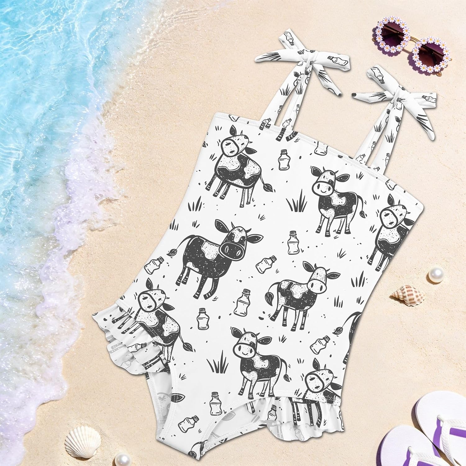 visesunny Toddler Girl Swimsuit Adjustable Strap Swimwear Simple Hand Drawn Cow Bathing Suits for Girls 18M-6Y