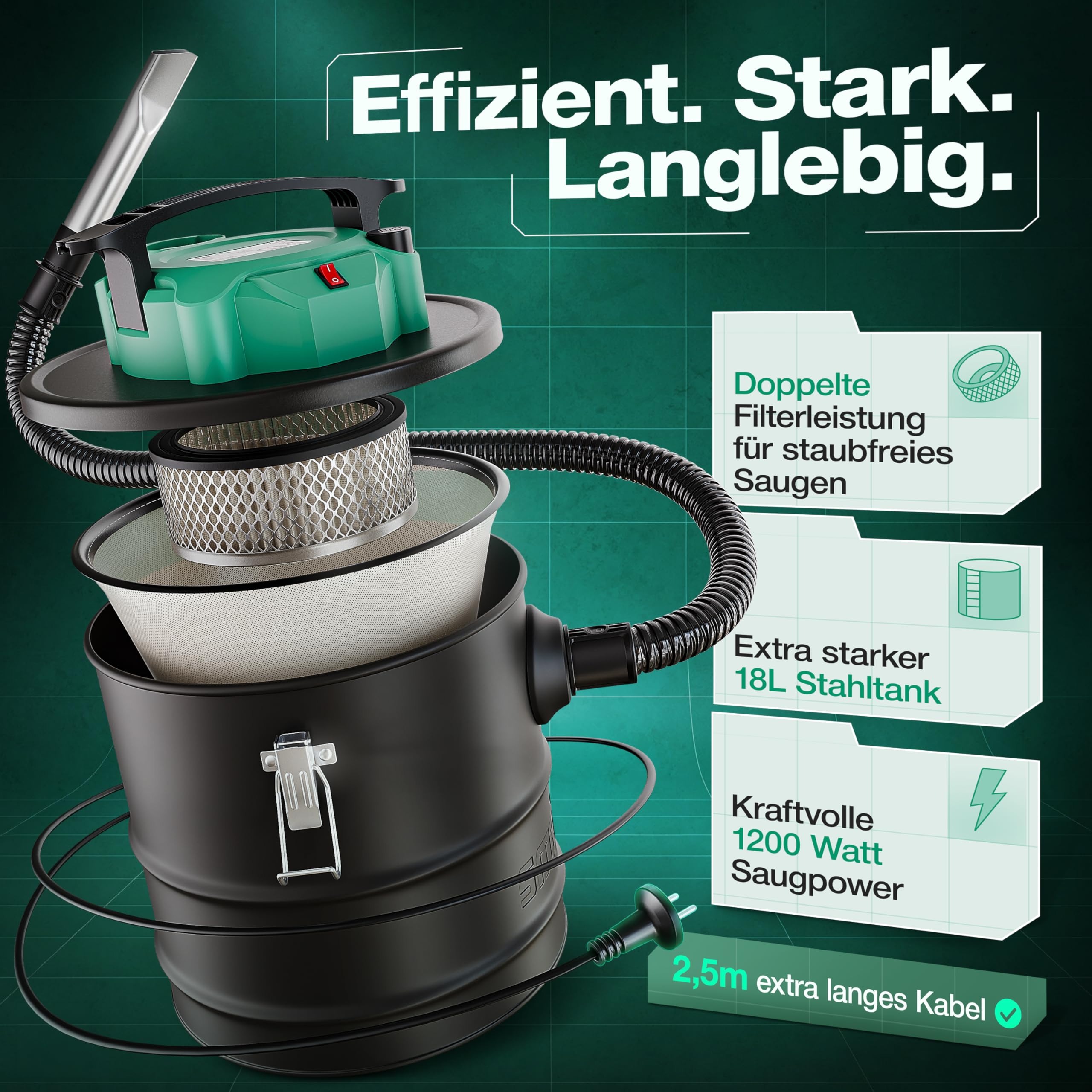 Smabix® Aschesauger, 18L Tankvolumen, 1200 W Leistung, inkl. HEPA-Filter und Staubfilter, Aschesauger für Kamin, Pelletofen, Feuerschalen u.v.m.