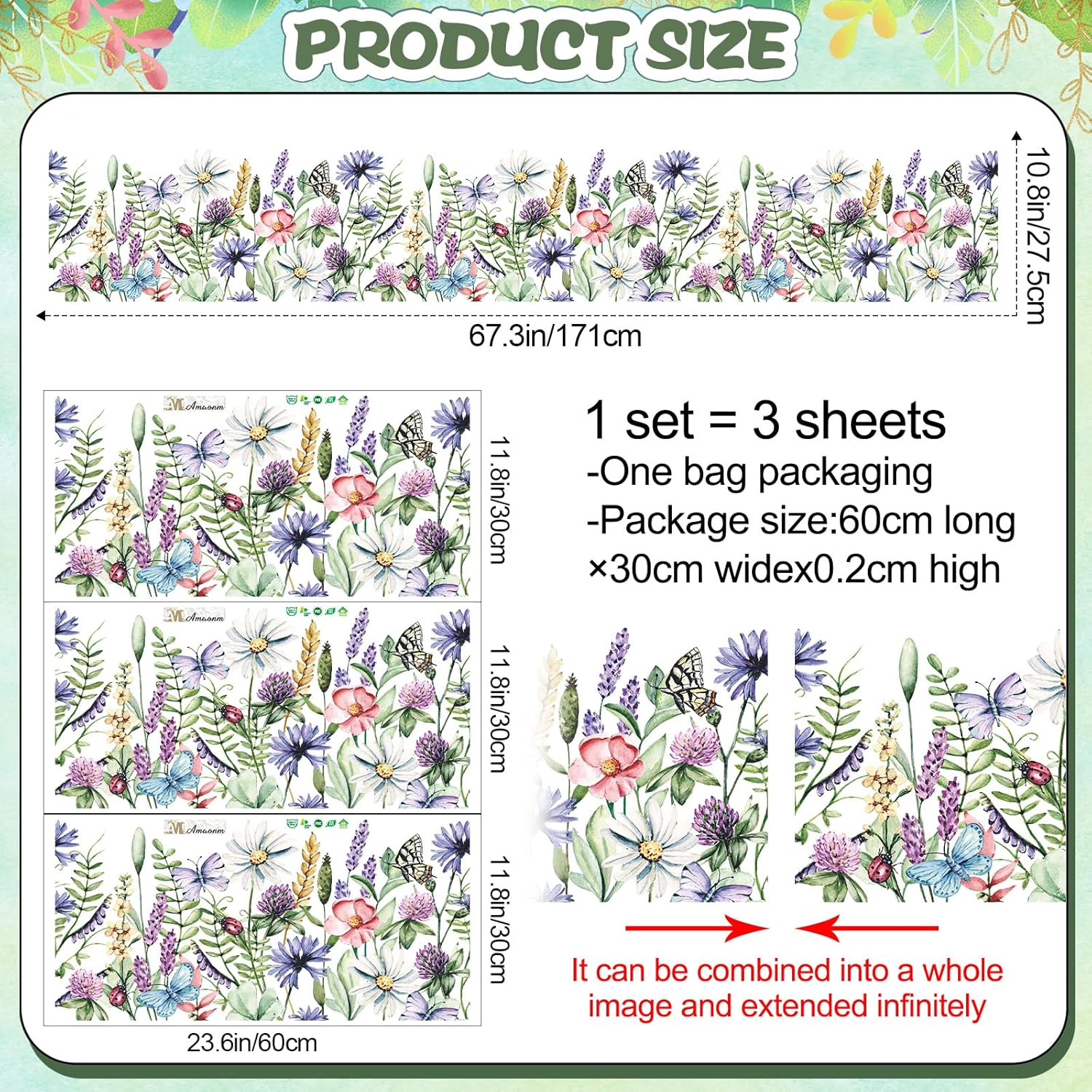 10.8x67.3inch Removable Garden Flower Wall Decal, Peel and Stick Colorful Floral Corner Mural Sticker with Butterflies for Kids Room, Nursery, Bedroom, Living Room, Classroom Decor Decoration - Image 2