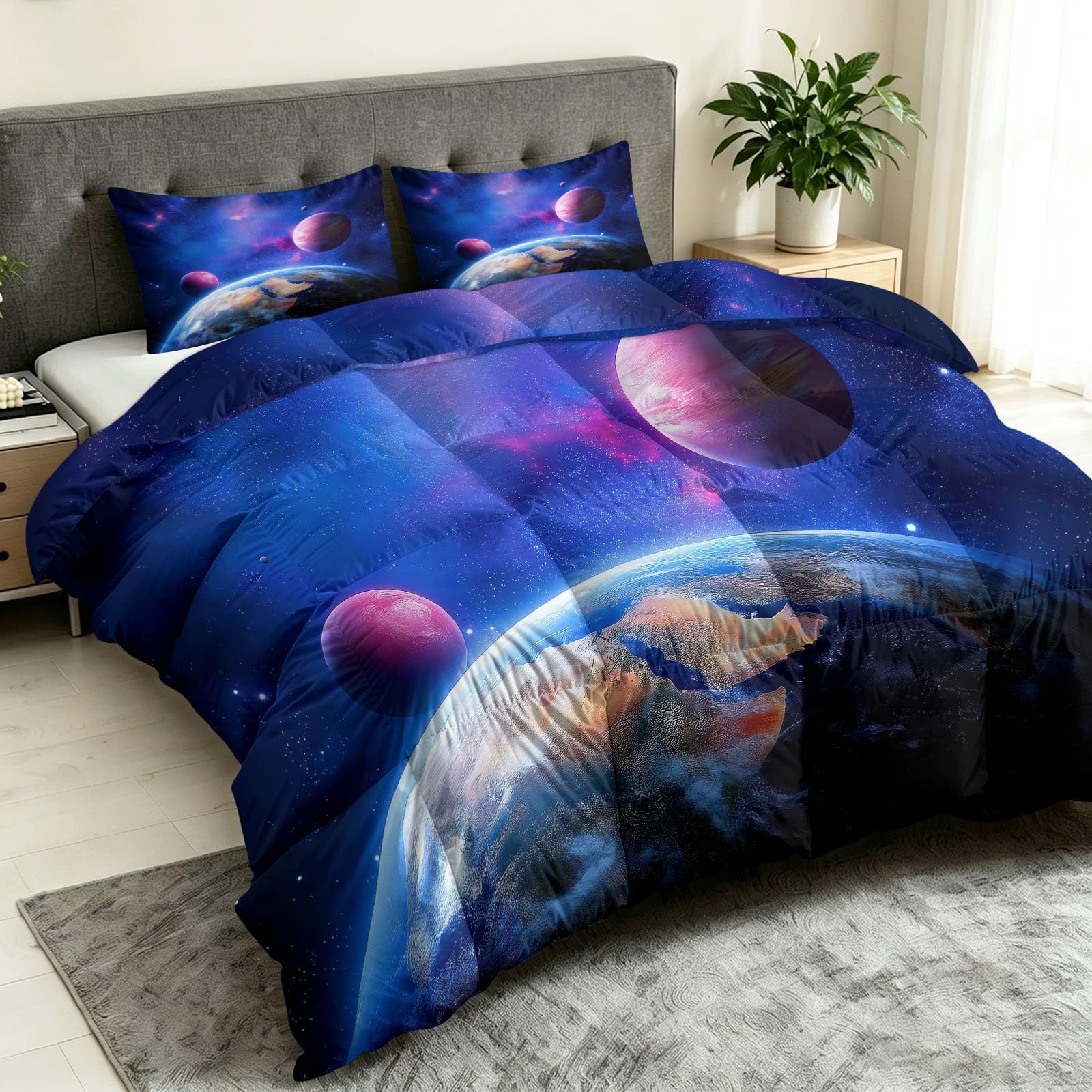 Bettdecke ohne Bezug Erde Planeten Galaxie 155 x 220 cm, 4 Jahreszeiten Universum Natur Steppdecke mit 2 Kissenbezügen 80x80cm - Weiche Atmungsaktive Ganzjahresdecke Waschbar Schlafdecke - Lila