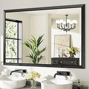 60x40 Inch Black Bathroom Mirror for Wall, Thick Metal Framed Rectangle Mirrors for Over Sink, Bedroom, Living Room, Entryway, Anti-Rust, HD Tempered Glass