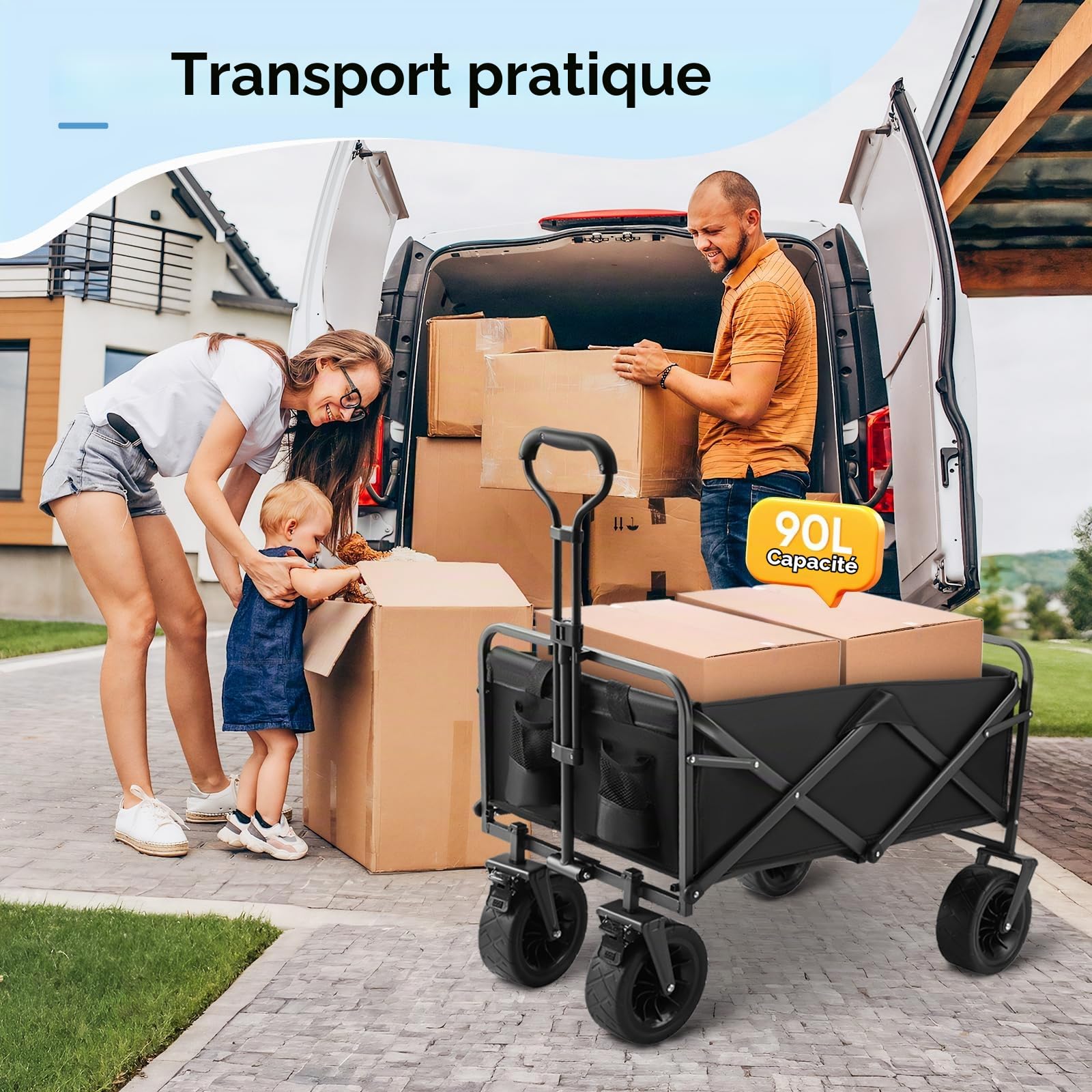 Chariot de Plage Pliable, Charette Pliable avec Porte-Boissons, 100 L, 100 kg, Chariot de Transport, Chariot de Jardin, Chariot à la Plage, pour Les Courses, adapté au Tout-Terrain avec Freins
