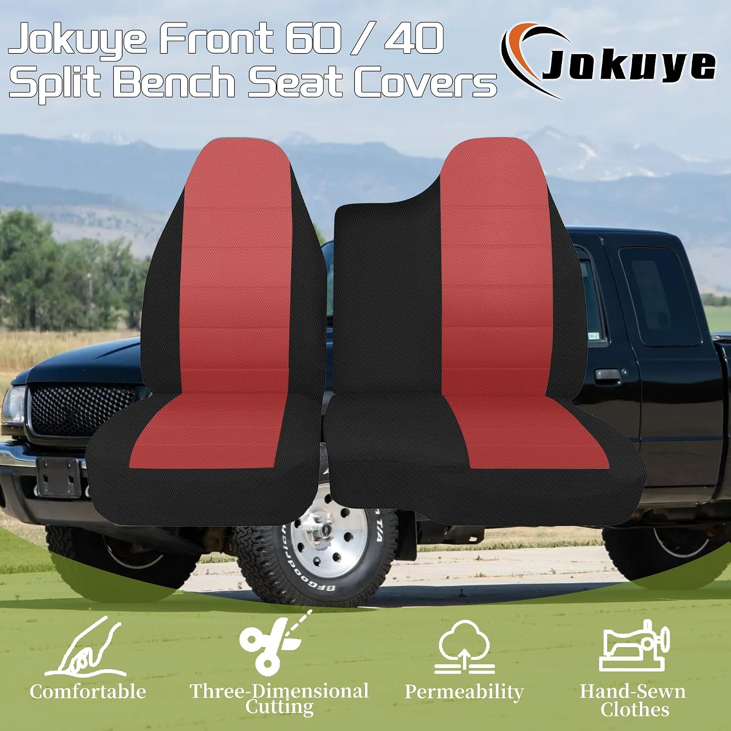 Jokuye 60/40 Split High Back Seat Covers for Ford Ranger 1998 1999 2000 2001 2002 2003 Heavy Duty Fabric Water-Resistant & Non-Slip - Red