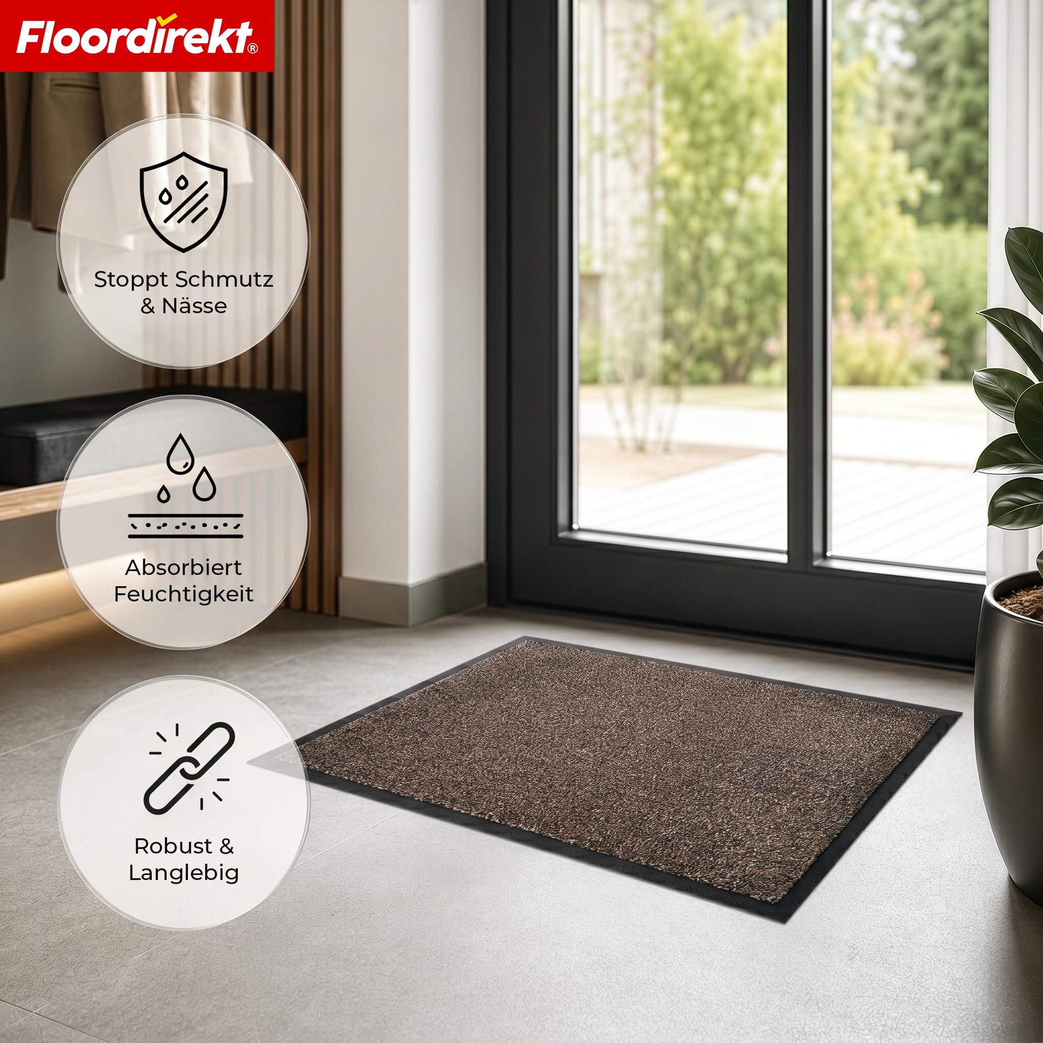 Floordirekt Wycieraczka – karat – mata zatrzymująca brud, do użytku wewnątrz i na zewnątrz, antypoślizgowa wycieraczka pod drzwi wejściowe, wycieraczka brązowa, 100 x 150 cm