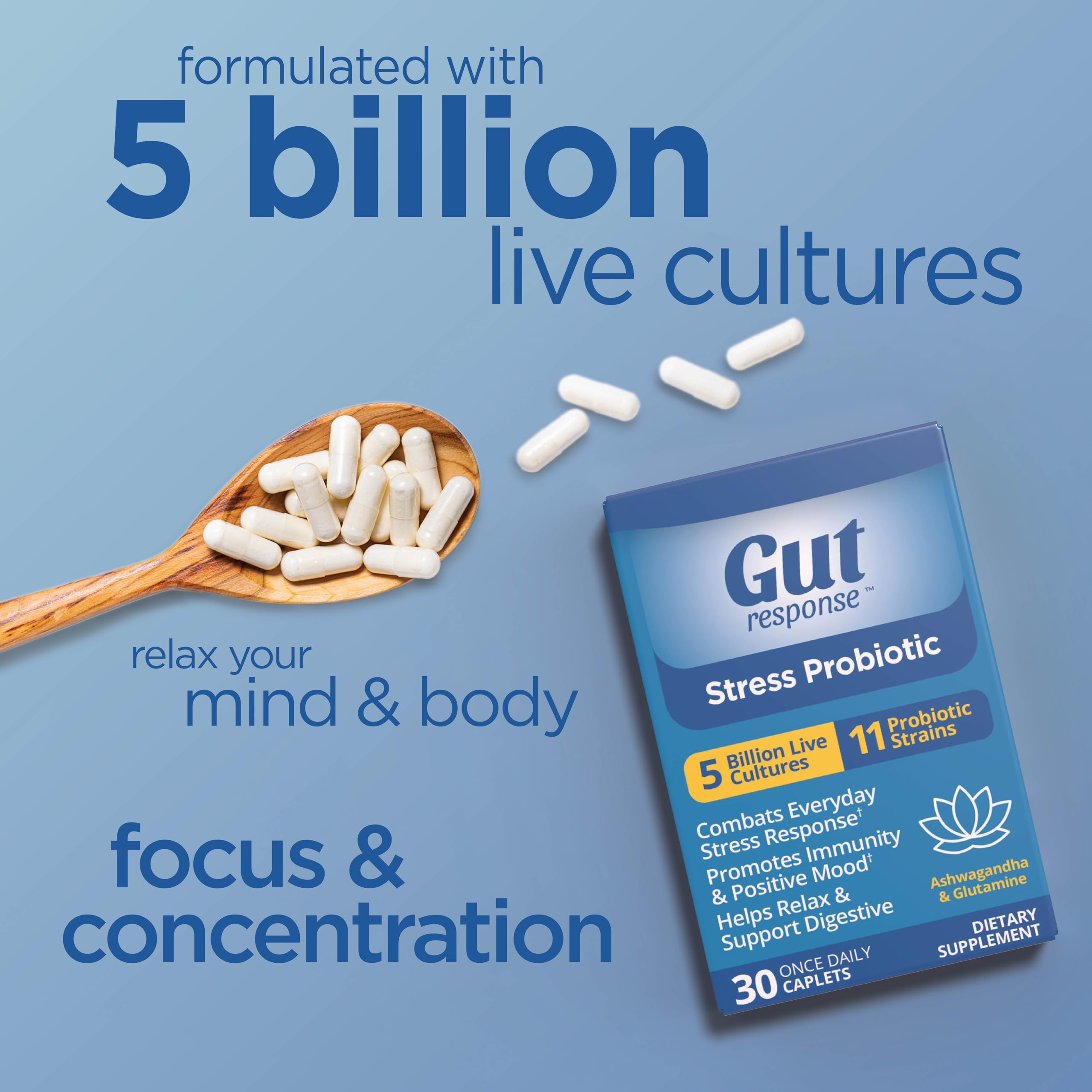 Stress Probiotic for Men & Women, Slows Down Digestive Aging, Boosts Immune System, Promotes Calmness, Ashwagandha, L-Glutamine, Non-GMO, Gluten Free & Vegan, 5 Billion CFU, 30 Caplets — Amazon image 5
