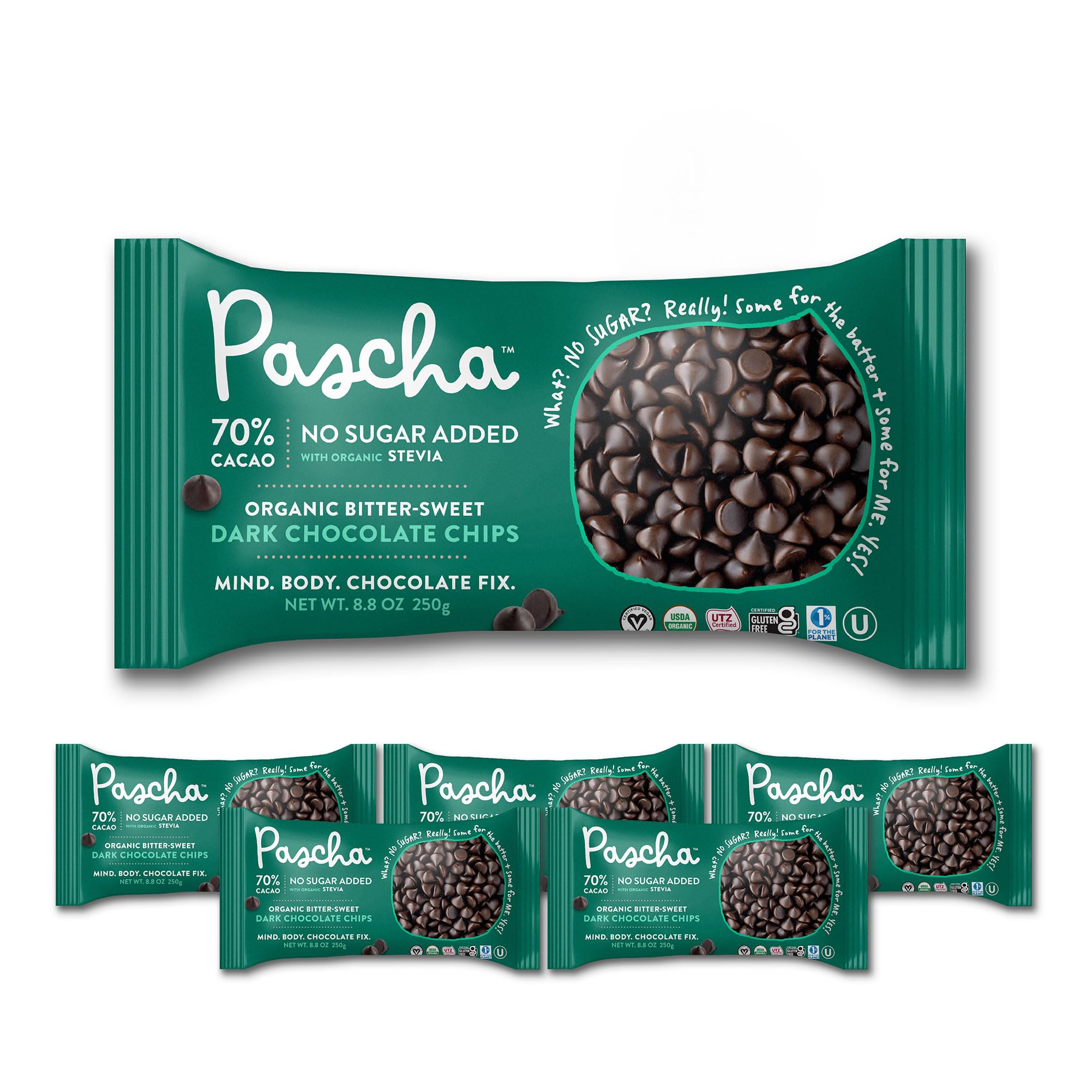 Pascha Organic Dark Chocolate Baking Chips, 70% Cacao, Dairy Free, Sugar Free, 8 Ounces (Pack Of 6)