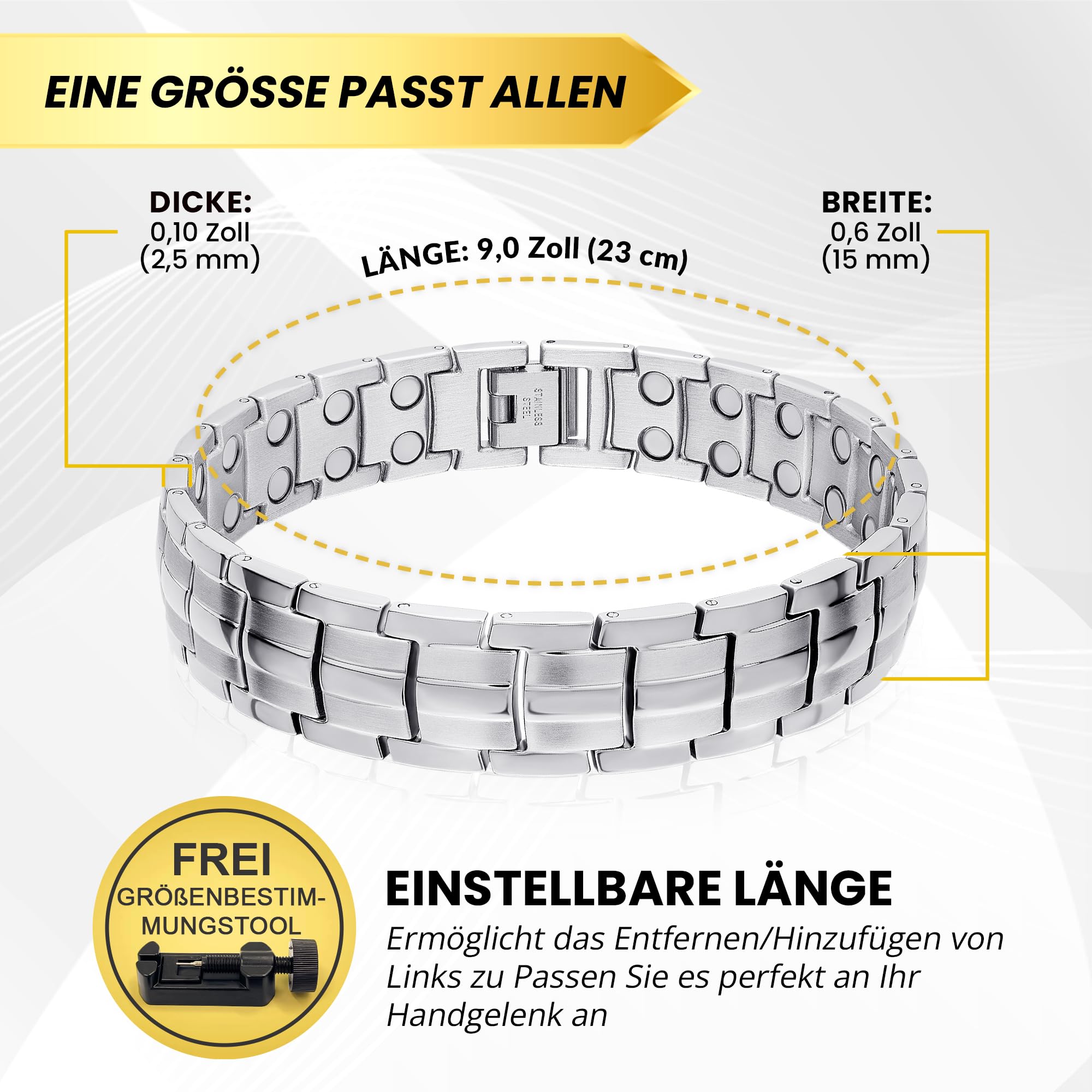 MagnetRX® Ultrastarkes Magnetarmband – Magnetbänder für Herren – Herrenarmband längenverstellbar mit Größenbestimmungswerkzeug (Silber)