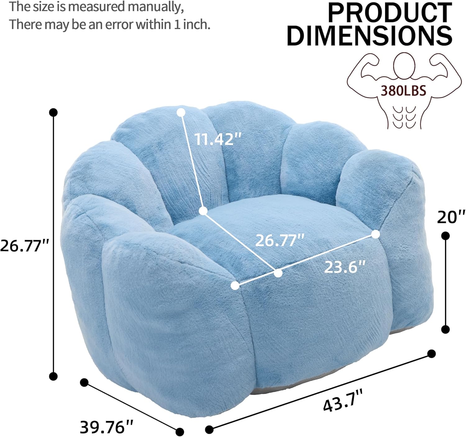 Large Bean Bag Chair for Adults, Comfy Faux Fur Lotus Shaped Bean Bag with Filler, Giant Floor Reading Chair with Pull Ring, Lazy Beanbag Single Couch for Living Room, Bedroom, Lounge, Blue