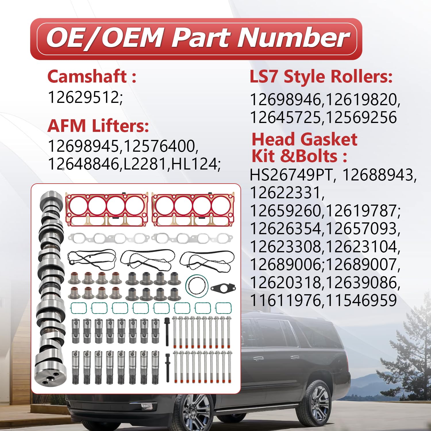 6.2L LT Gen5 L86 L87 AFM Engine Rebuild Kit Fit for Chevy Camaro 2014-2020 for GMC Sierra 1500 Yukon for Cadillac Escalade 12629512 Camshaft 8* AFM Lifters and LS7 Lifters Head Gasket Kit
