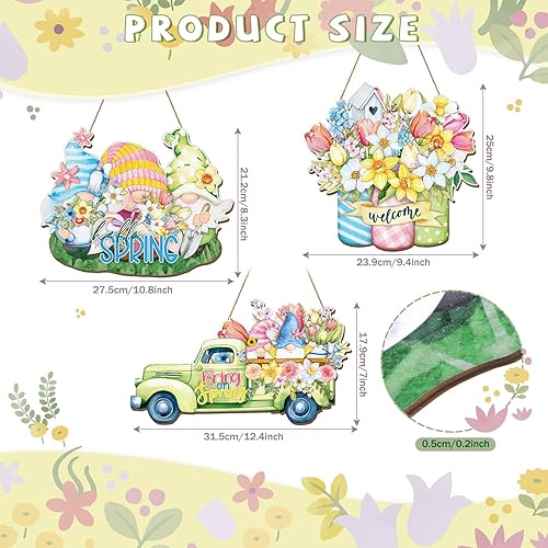 Miniatura 2 de Menkxi 3 coronas de primavera para decoración de puerta delantera, letrero de madera para puerta de primavera, gnomos colgantes, flores, camión,