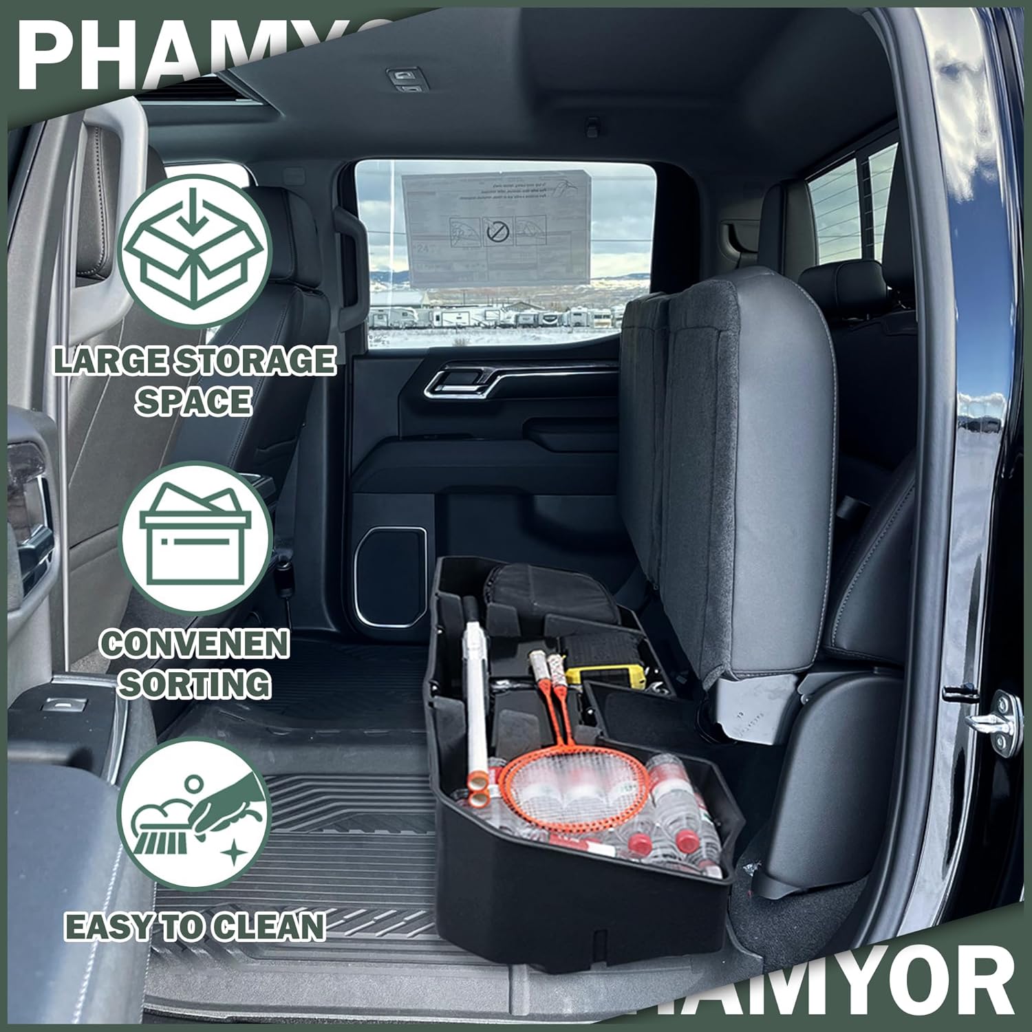 Rear Under Seat Storage Box Compatible with 2019-2024 Chevy Silverado 1500 & GMC Sierra 1500, 2020-2024 2500HD 3500HD Double Cab & Crew Cab, Extra Storage Organizer, ABS Material, Black