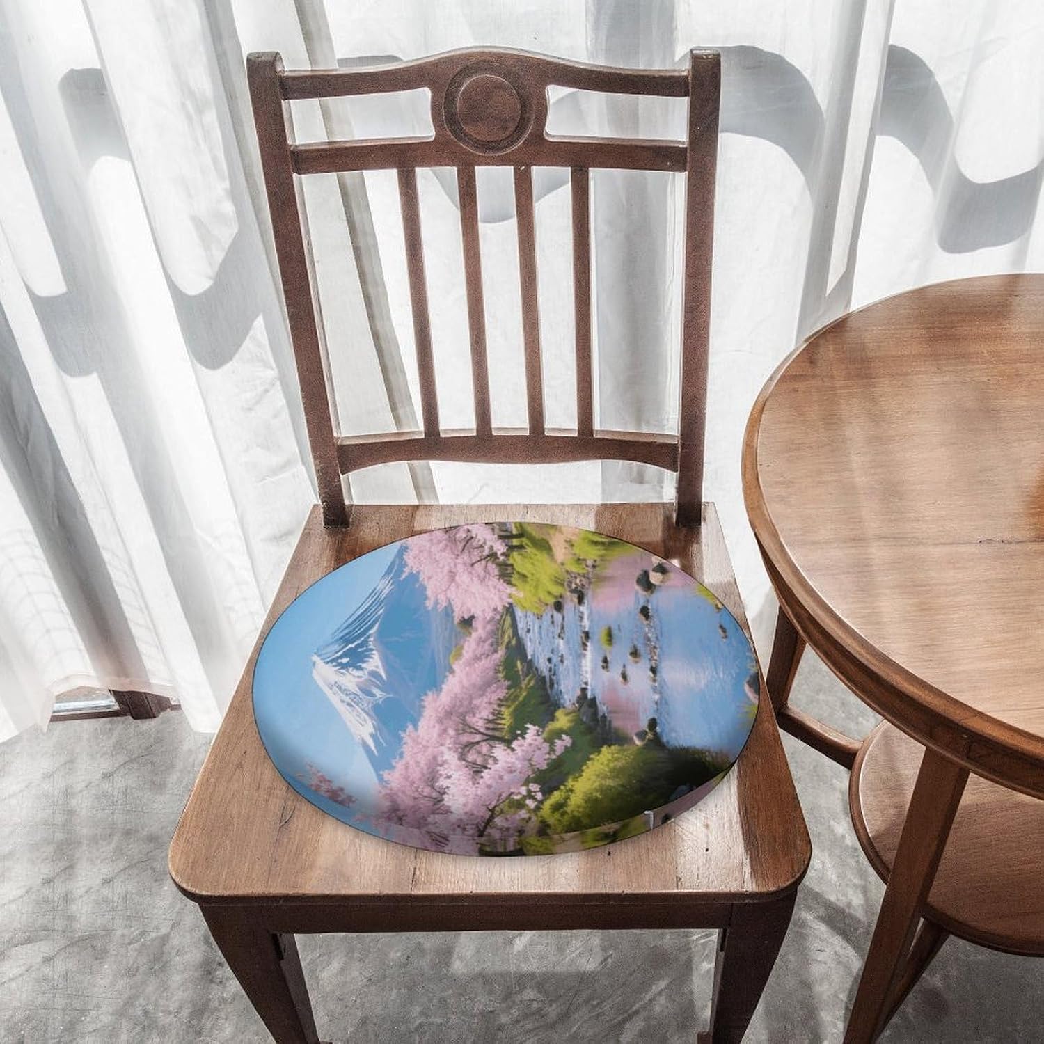 Creek & Cherry Blossoms Round Cushion Memory Foam Seat Cushions 15In Comfort Meditation Floor Pillow Anti Slip Soft Stool Cushion Chair Pad for Tatami Living Room Yoga