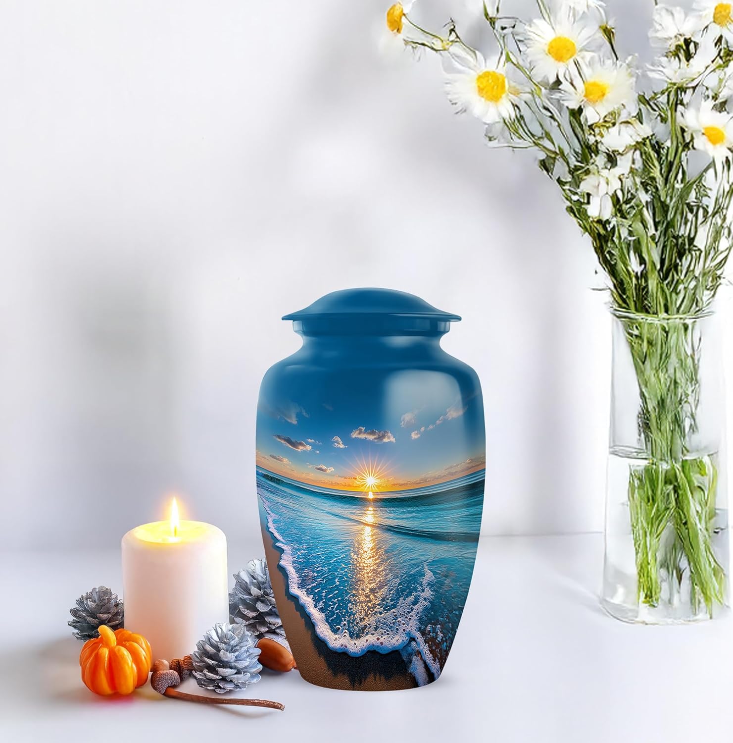 Beach Funeral Urns for Ashes Adult Male and Female 10 Inch - Blue Burial Urn for Human Ashes Mother and Father - Sunset Cremation Urns Adult Daughter and Son Remains