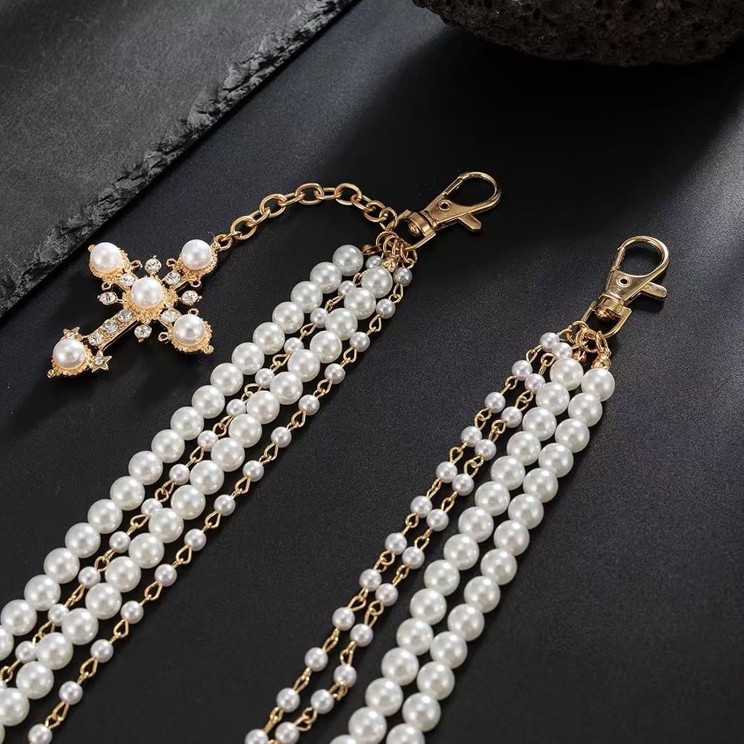 Gold Jean Chain for Pants with Pearl Cross Pendant Wallet Pocket Pant Chains for Women Men Trousers Punk Goth Hip Hop Accessories