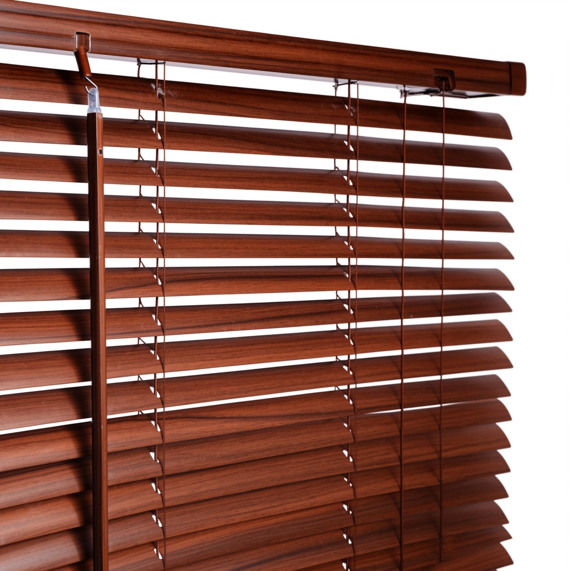 AQS - PVC Venetian Window Blinds - Easy Fit Curtains Trimmable Fittings - Windows Treatment Shutters Twist Open Close - Moisture Resistant Slats Wall & Recess Mount (Walnut, 105W x 150H cm)