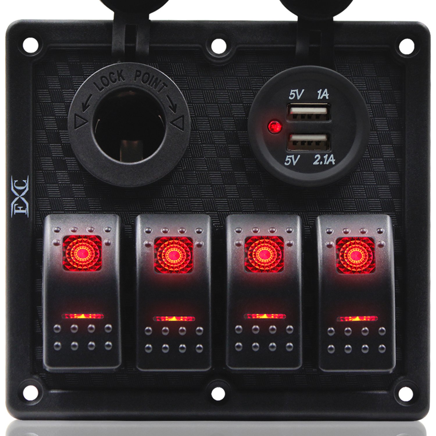 Waterproof Marine Boat Rocker Switch Panel 4 Gang with Dual USB Slot Socket + Cigarette Lighter LED Light for Car Rv Vehicles Truck (4 Gang Blue Light)