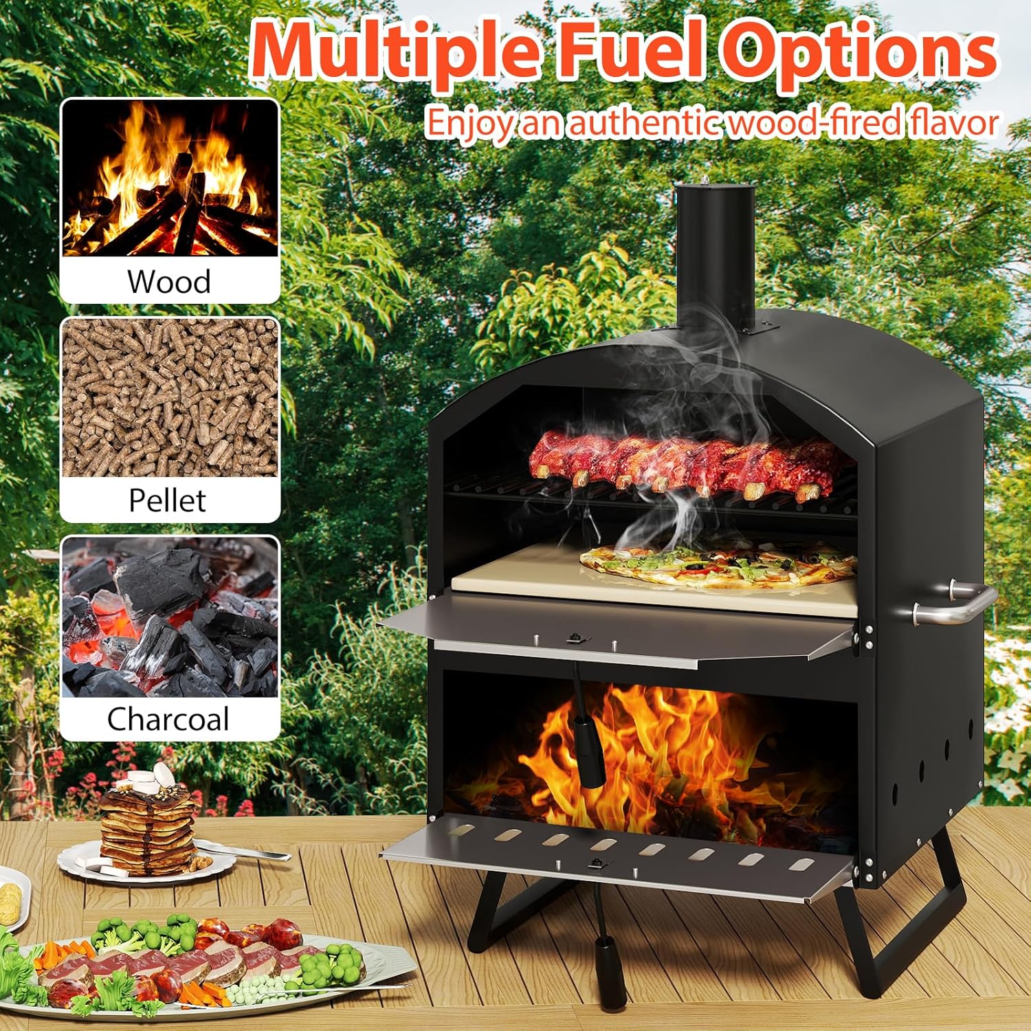 Pizza Oven Outdoor, 2-Layer Wood Fired Pizza Oven with 16" Pizza Stone, Portable Pizza Cooker with Folding Legs and Cover for Backyard Party BBQ, Charcoal & Wood Burning Grill