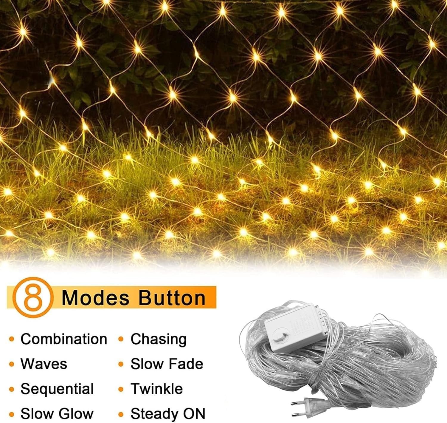 Catena Luminosa, luci, 700 LED 6x4m luci da Giardino fatate Bianco Caldo 8 reti Basse Esterne e Interne per Balcone (6m x 4m 700led)