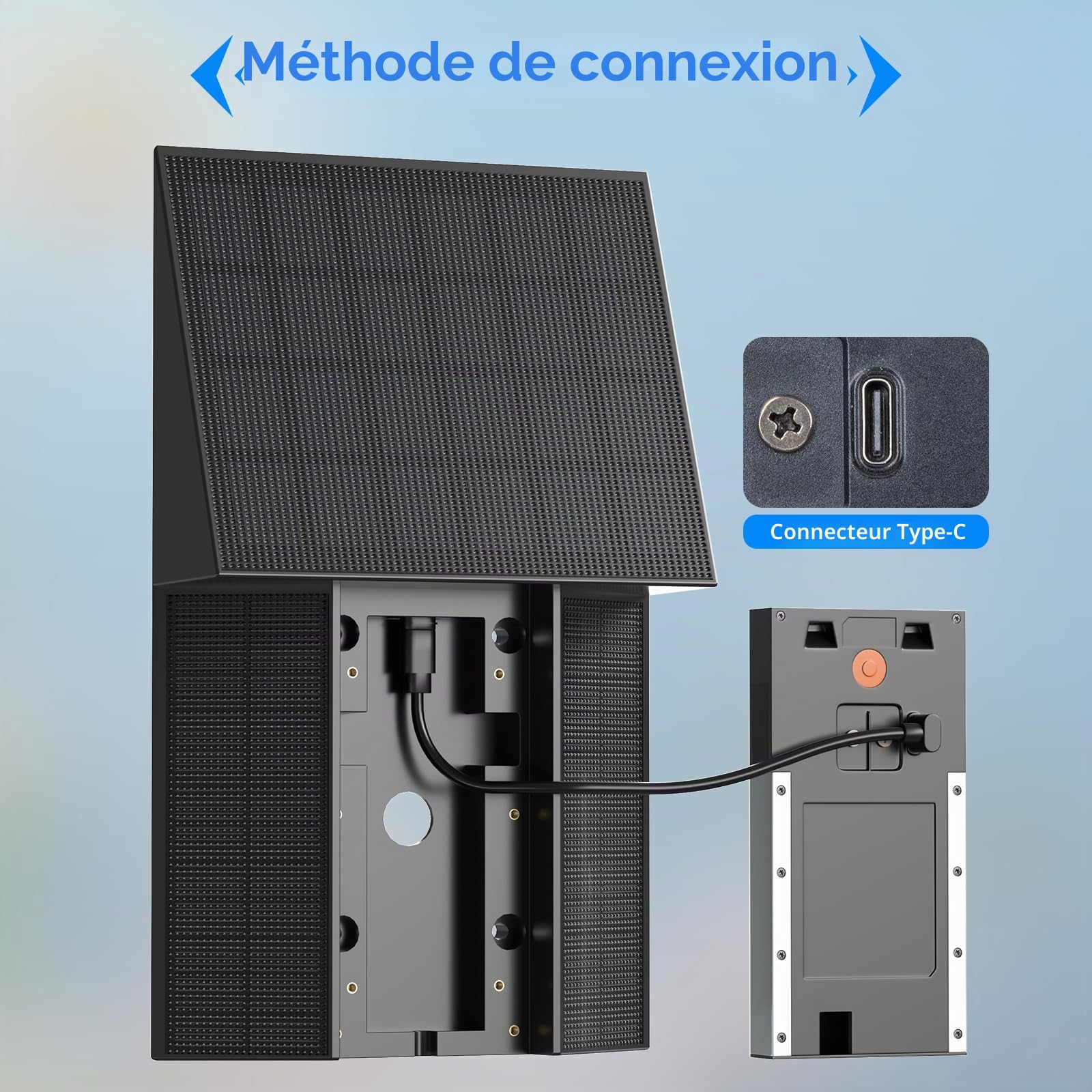 Chargeur solaire 4W compatible avec la sonnette de porte Ring à batterie (Port USB-C) Étanche Panneau solaire pour sonnette Ring - Noir 1 Pack