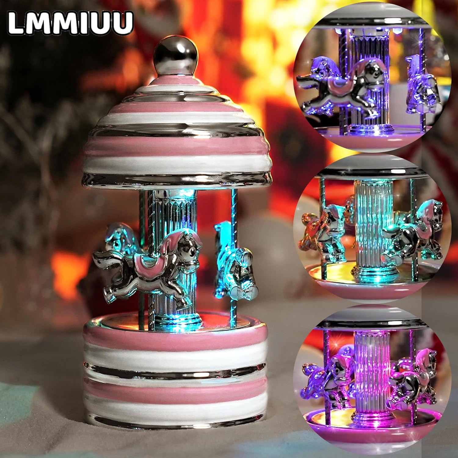 Carousel Music Box Gift Wrapped Ceramic Musical Carousel Color-Changing Lights Music Boxes for Girls Boys Kids Daughter Son Granddaughter Wife Mom Women Birthday Christmas (Pink Circle)