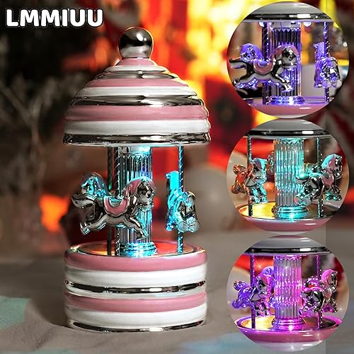 Miniatura 3 de Caja de música de carrusel envuelta para regalo, carrusel musical de cerámica con luces que cambian de color, cajas de música para niñas, niños,