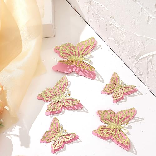 Miniatura 7 de Juego de 5 mariposas 3D de 3 tamaños: mariposa dorada con purpurina y rosa de doble capa, mariposa para baby shower, decoración de pastel de