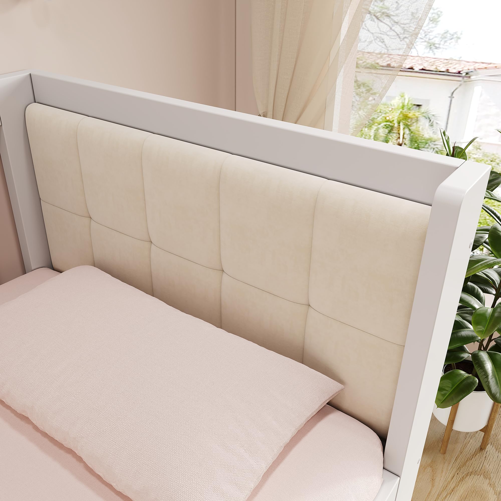 Soweiz Sofá cama blanco, madera, con reposabrazos redondeados, respaldo cómodo, perfecto para apartamentos pequeños, fácil montaje, sin colchón (90 x 200 cm con cama nido)
