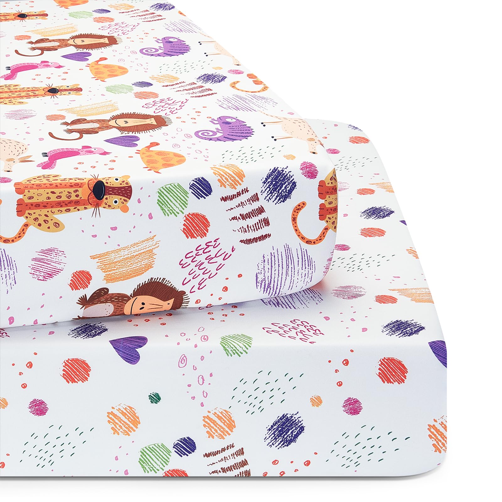 TILLYOU Baby Crib Sheets for Boys Girls, Super Soft Toddler Bed Sheets, 2 Pack Sheets for Standard Crib Mattress 28x52in, Animal Graffiti