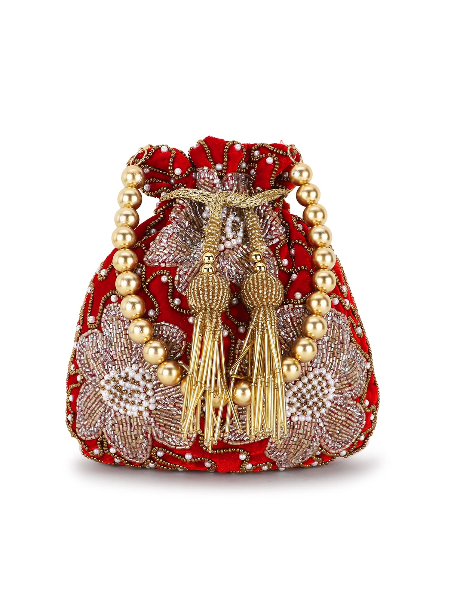 Dangle Dusky Red, Bronze & Multi Velvet Floral Embellished Potli-image-31
