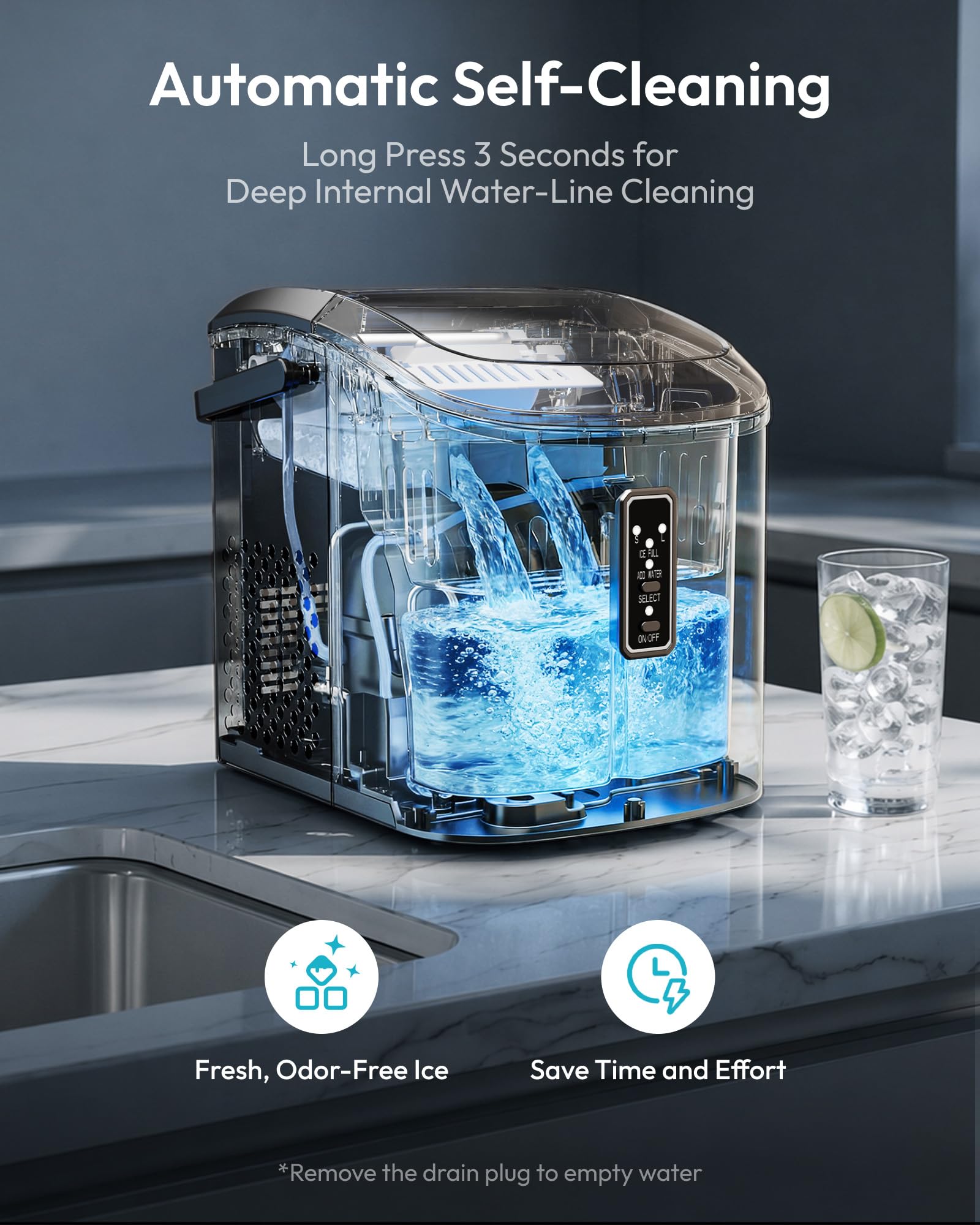 EUHOMY Machine à Glaçons 9 Cubes en 6 Min Machine à Glace Bullet 2 Tailles de Cube, Machine à Glace en Acier Inoxydable pour le Plan de Travail, 12kg/Jour Machine à Glaçons Noir pour Maison/Cuisine